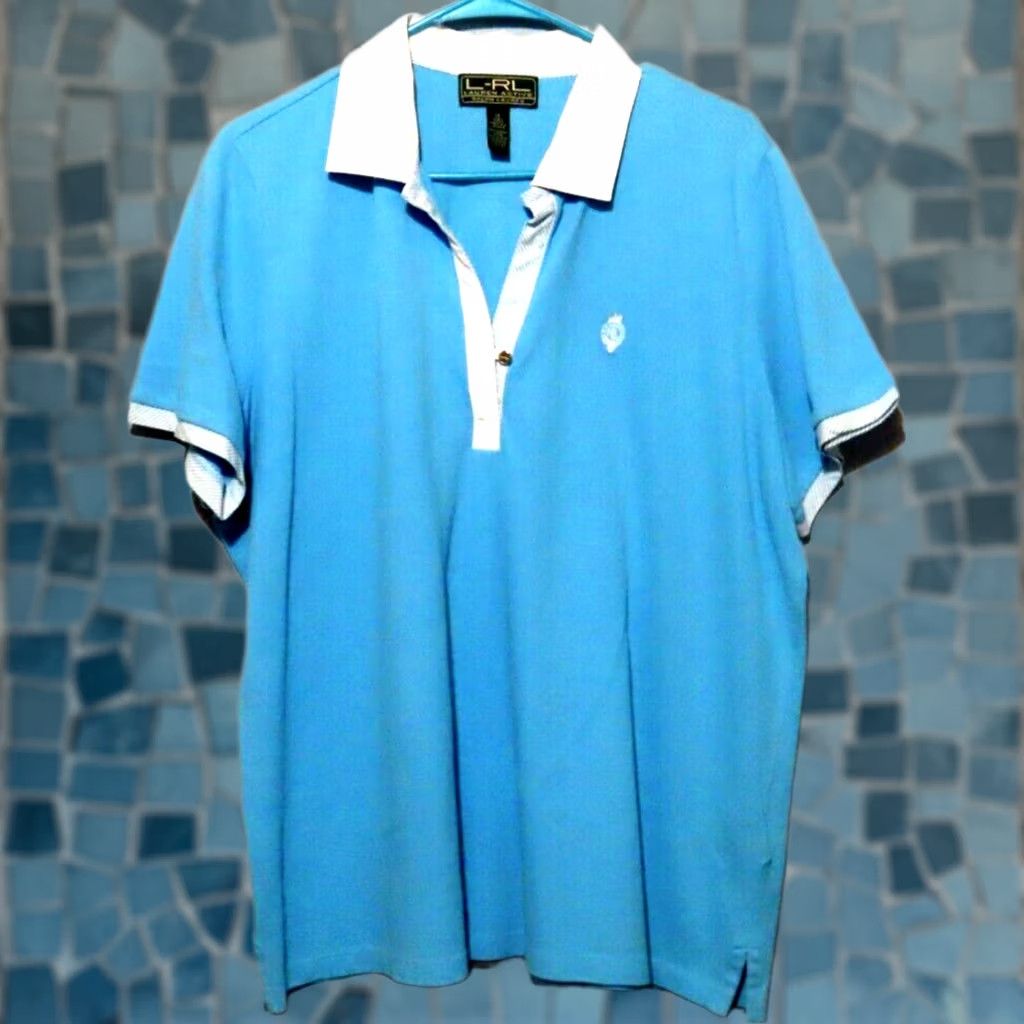 Ralph Lauren Lauren Active Polo Shirt Women V-Neck Short Sleeve Light Blue 100% Cotton XL Button Accent Shirt Size XL / US 12-14 / IT 48-50 - 1 Thumbnail