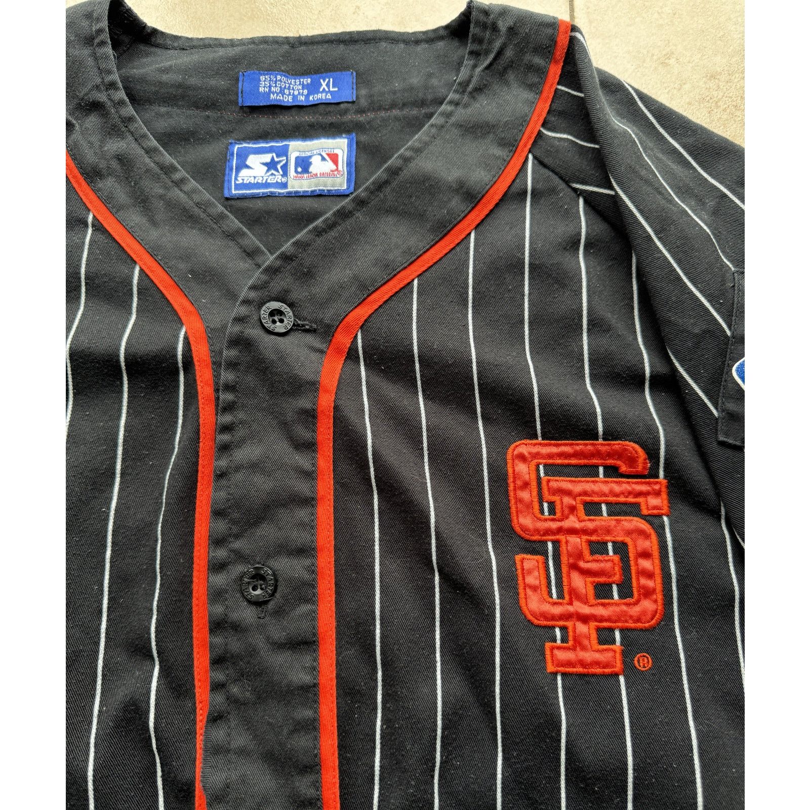 MLB × Starter SF Giants 90s STARTER jersey XL black Pinstripe baseball vtg Size US XL / EU 56 / 4 - 12 Thumbnail