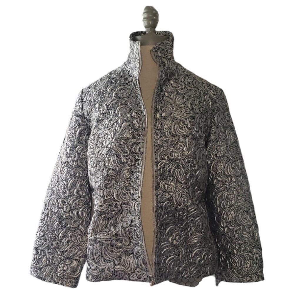 Designer CT1576 Ethyl Metallic and Black Evening Floral Zip Jacket S Size S / US 4 / IT 40 - 1 Thumbnail