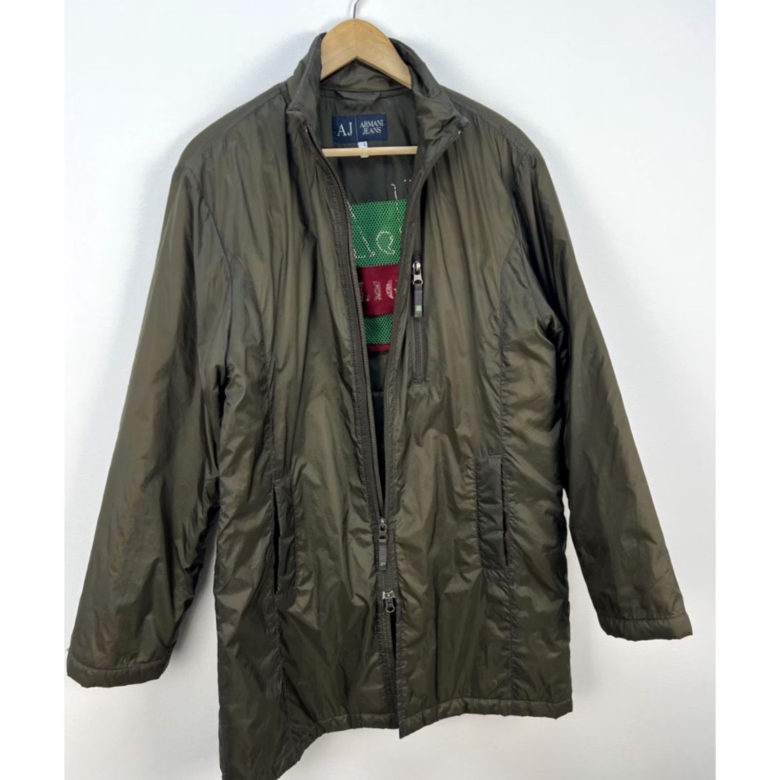 Vintage VINTAGE Armani Jeans Jacket Men S Nylon Lightweight & Warm Dark olive green Logo Archive Piece EU 48 / US S Size US 29 - 2 Thumbnail