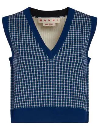o1w1db10524 Checked Sleeveless Sweater in Navy Blue