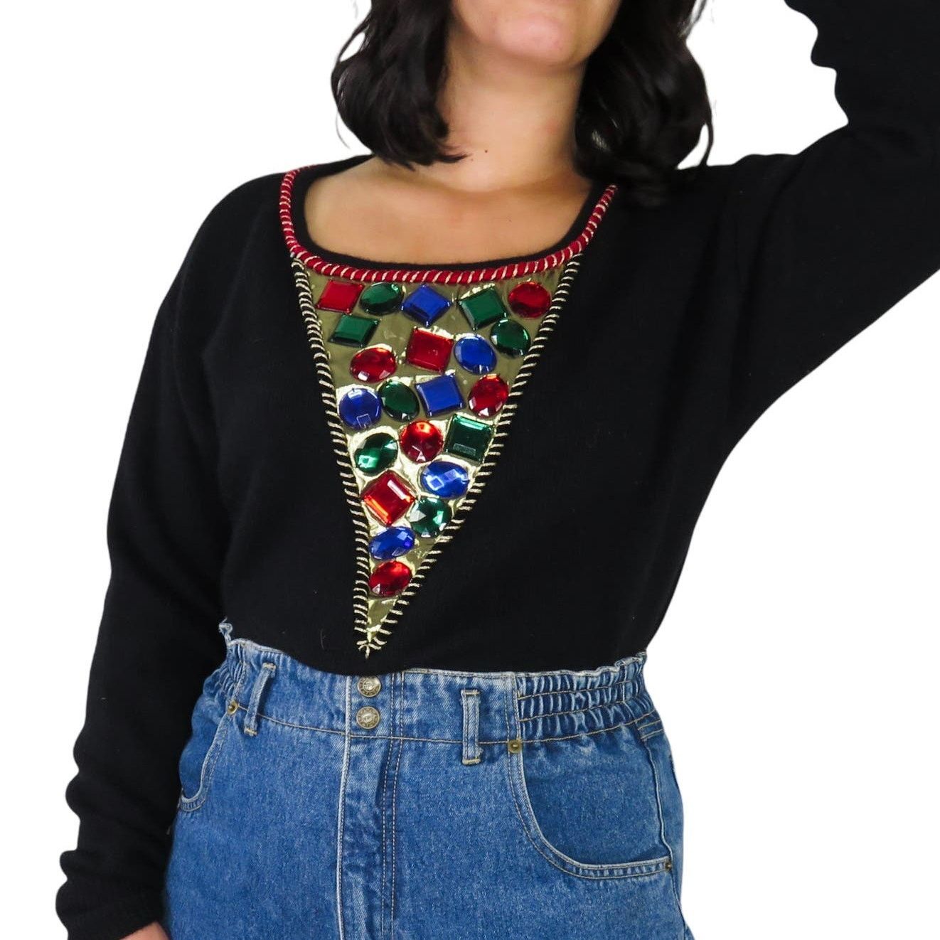 Vintage 80s Vintage Black Sweater Rainbow Chunky Rhinestones Medium Size M / US 6-8 / IT 42-44 - 2 Thumbnail