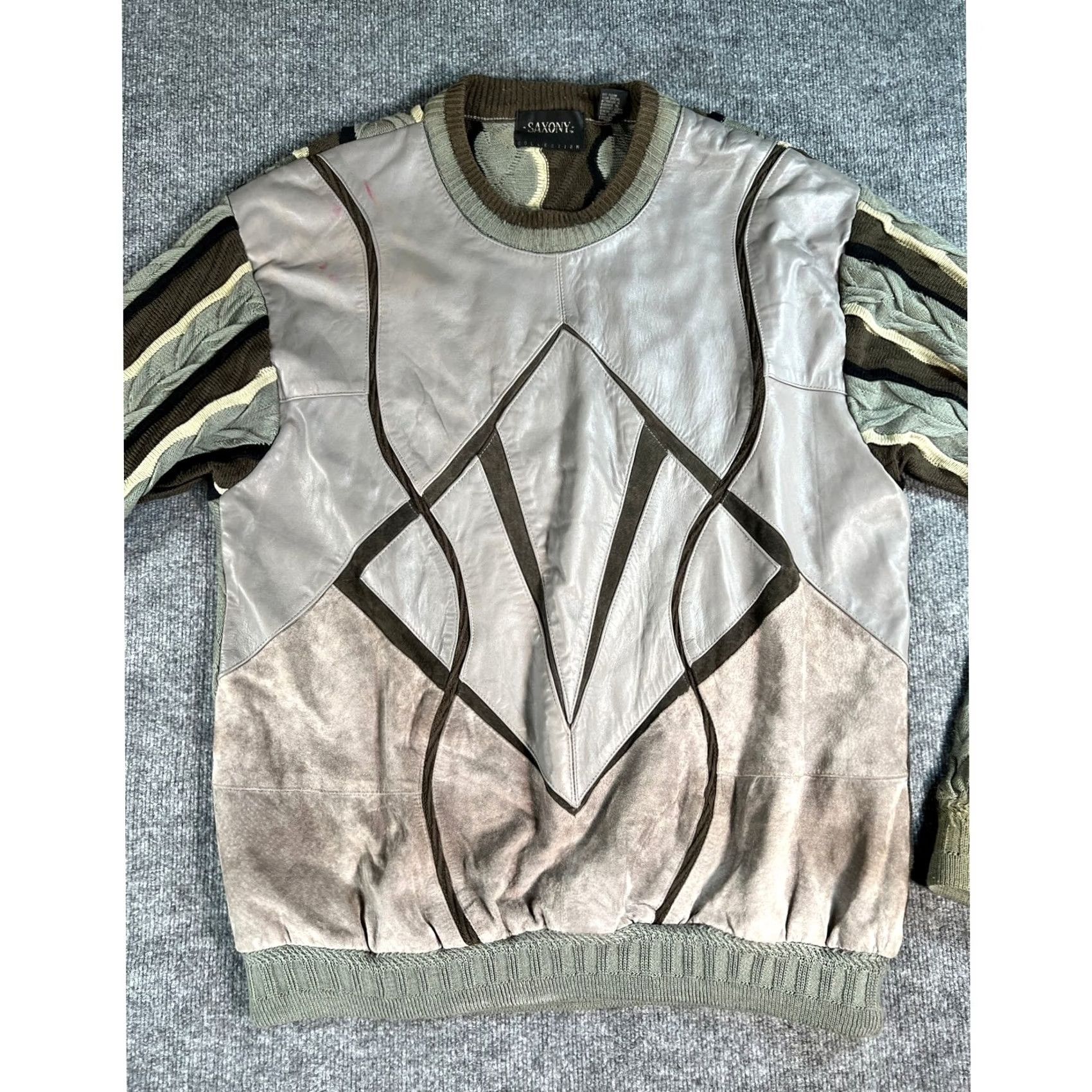 Vintage VINTAGE Saxony Collection Leather Suede Knit Sweater Mens 2XLT Gray Brown Patchwork 90s Size US XXL / EU 58 / 5 - 7 Thumbnail