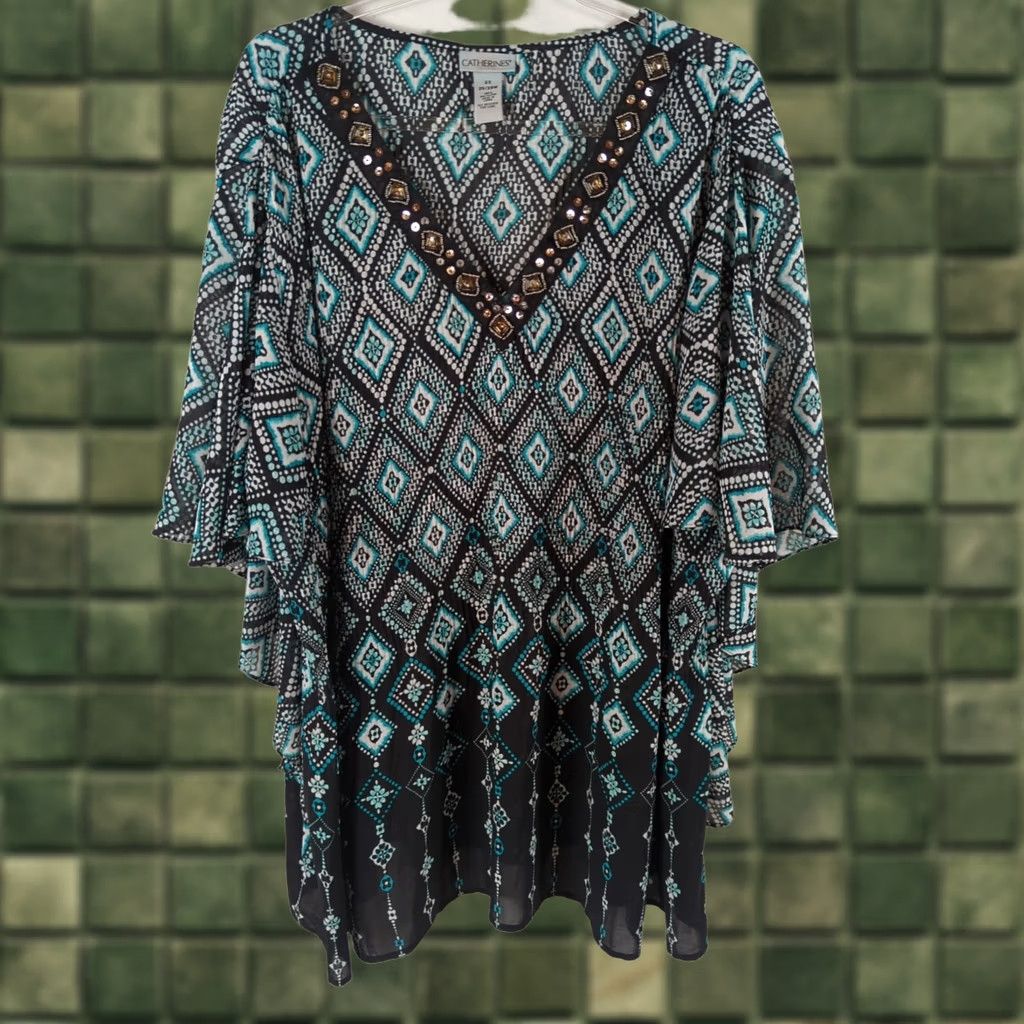 Vintage Catherines Blouse Blue Aqua V-Neck 3/4 Flutter Sleeve Pleated Bling 28W Plus Tunic Womens Size 4XL / US 24-26 - 1 Thumbnail