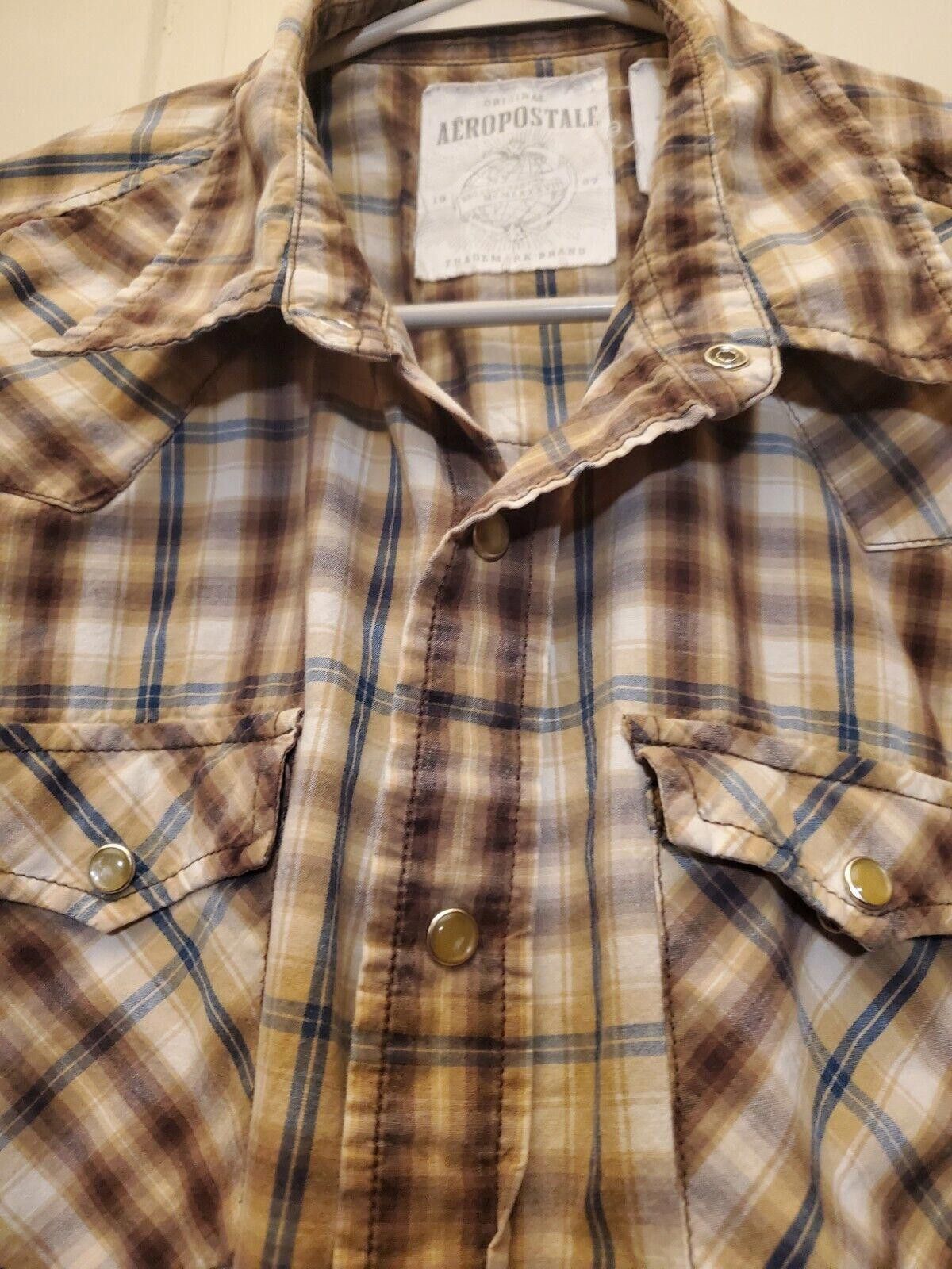 Aeropostale Men's Aeropostale Western Tan/white Plaid Pearl Snap LS M Size US M / EU 48-50 / 2 - 3 Thumbnail