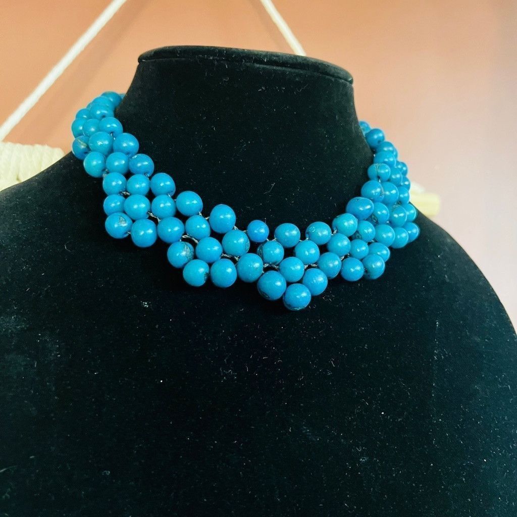Vintage Vintage 1970s Beaded Collar Choker Necklace Teal Blue Stone Size ONE SIZE - 3 Thumbnail