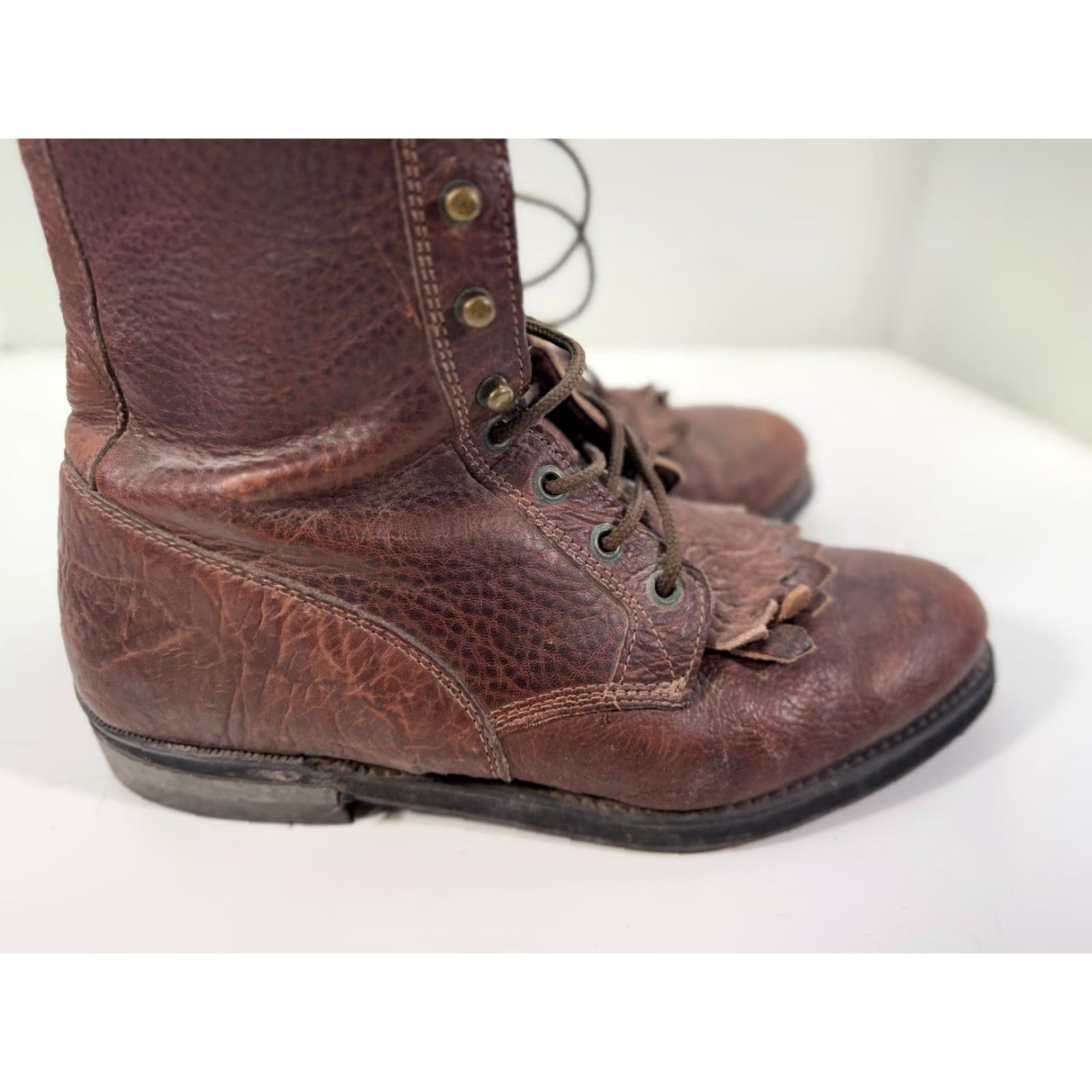 Vintage Boulet Western Boots Mens 9 Brown Leather Lace-Up Almond Toe Cowboy Kiltie Mid-Calf Boots Size US 9 / EU 42 - 7 Thumbnail