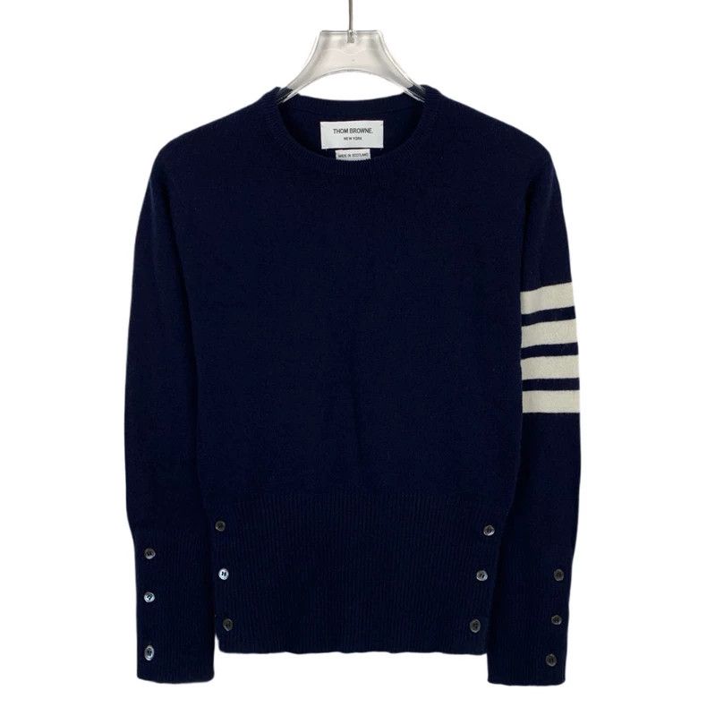 Thom Browne Thom Browne Dark blue classic four-bar round-neck cashmere Size US S / EU 44-46 / 1 - 1 Thumbnail
