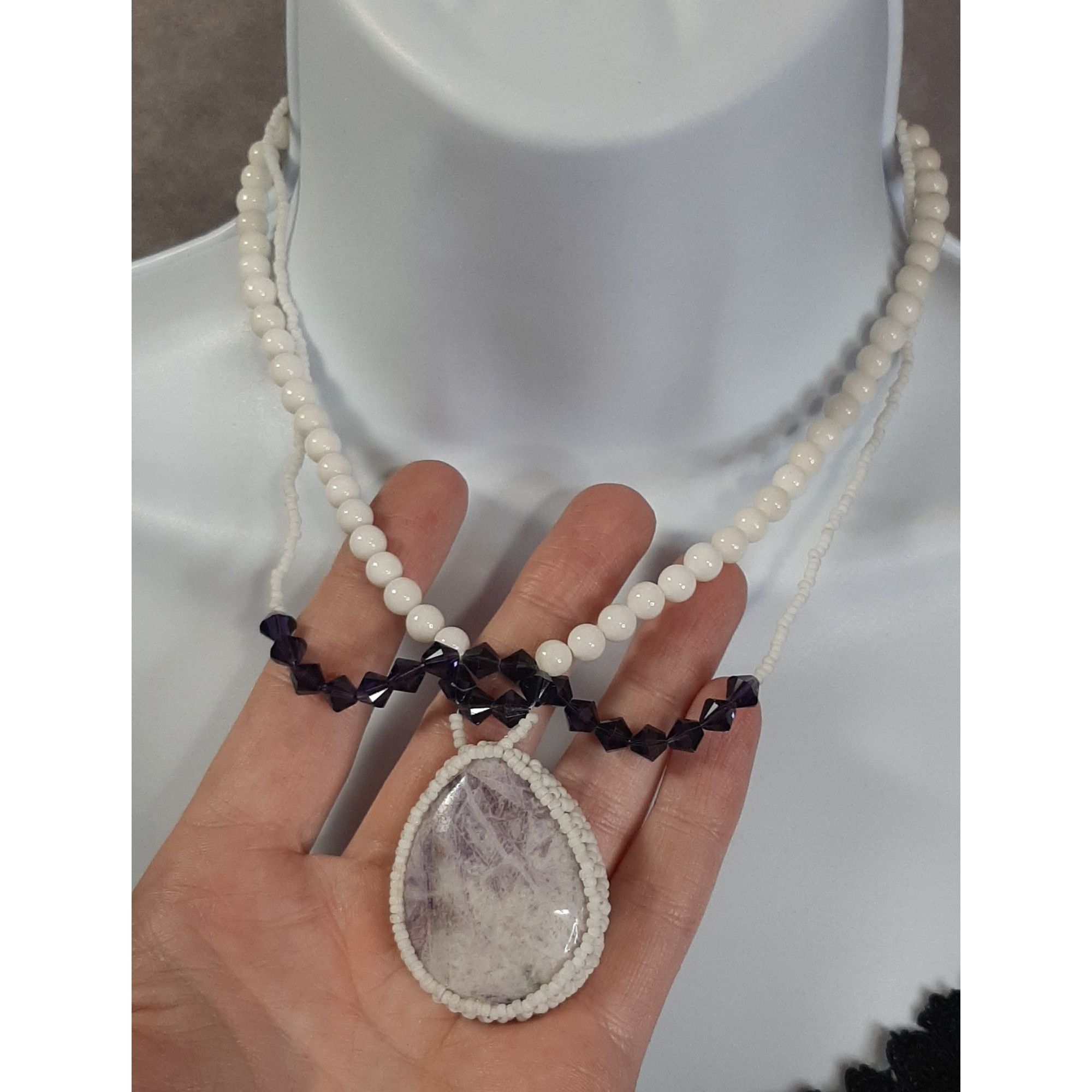 Handmade Handmade Beaded Necklace With Amethyst Pendant & White Beads Size ONE SIZE - 4 Thumbnail