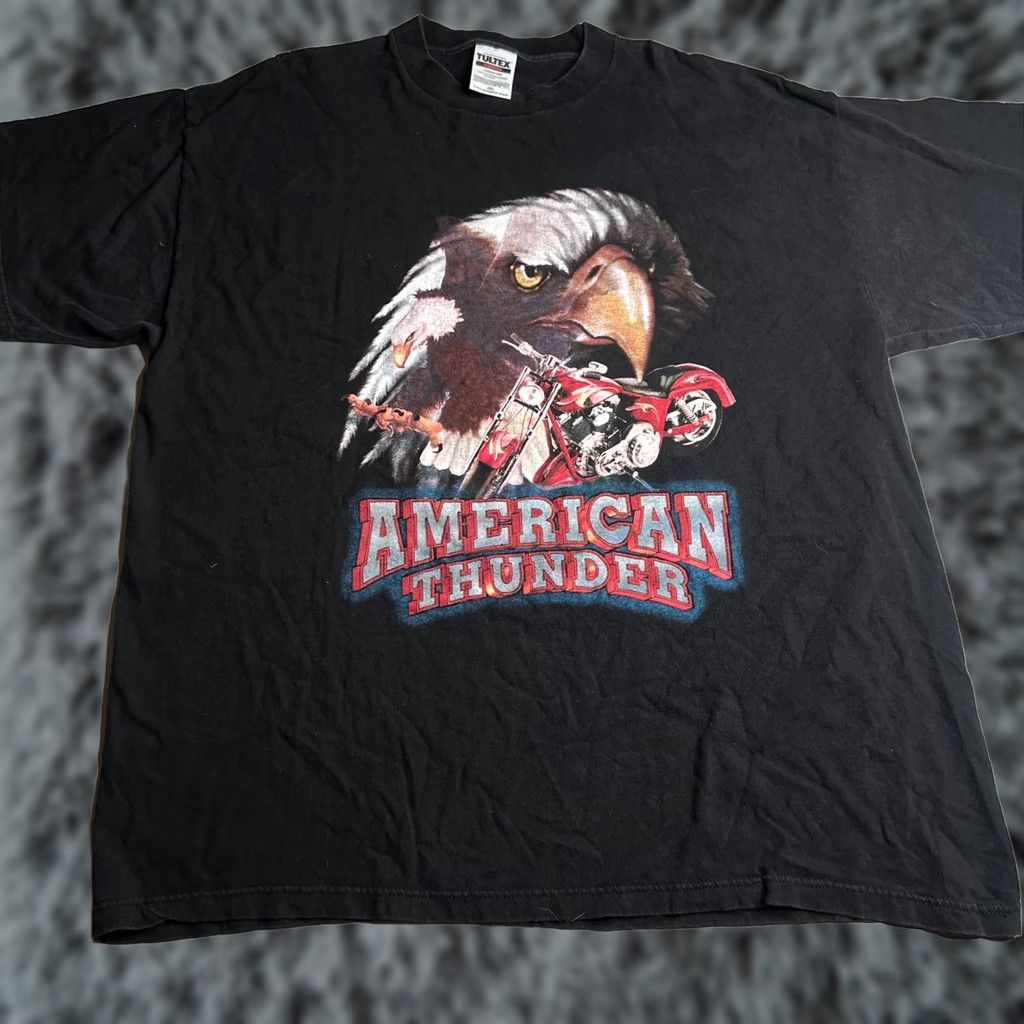 Tultex VINTAGE American Thunder Bald Eagle Motorcycle T-Shirt Tultex Black 2XL USA 90s Mens Short Sleeve Crew Neck Cotton T-Shirt Size US XXL / EU 58 / 5 - 1 Thumbnail