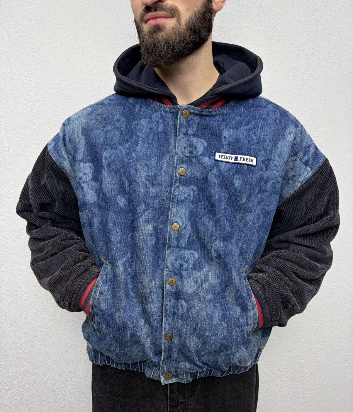 Teddy Fresh Denim Varsity Jacket Hybrid All-Over Bear Print