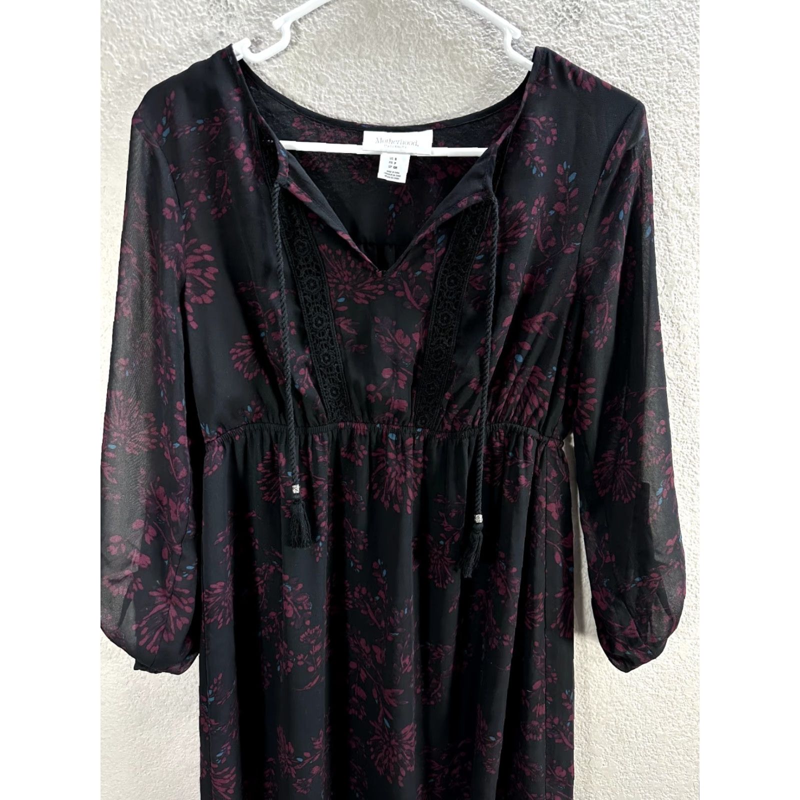 Vintage Motherhood Maternity Floral Mini Dress Sheer Crochet S Black Red Long Sleeve Roll Tab S Womens Size S / US 4 / IT 40 - 4 Thumbnail