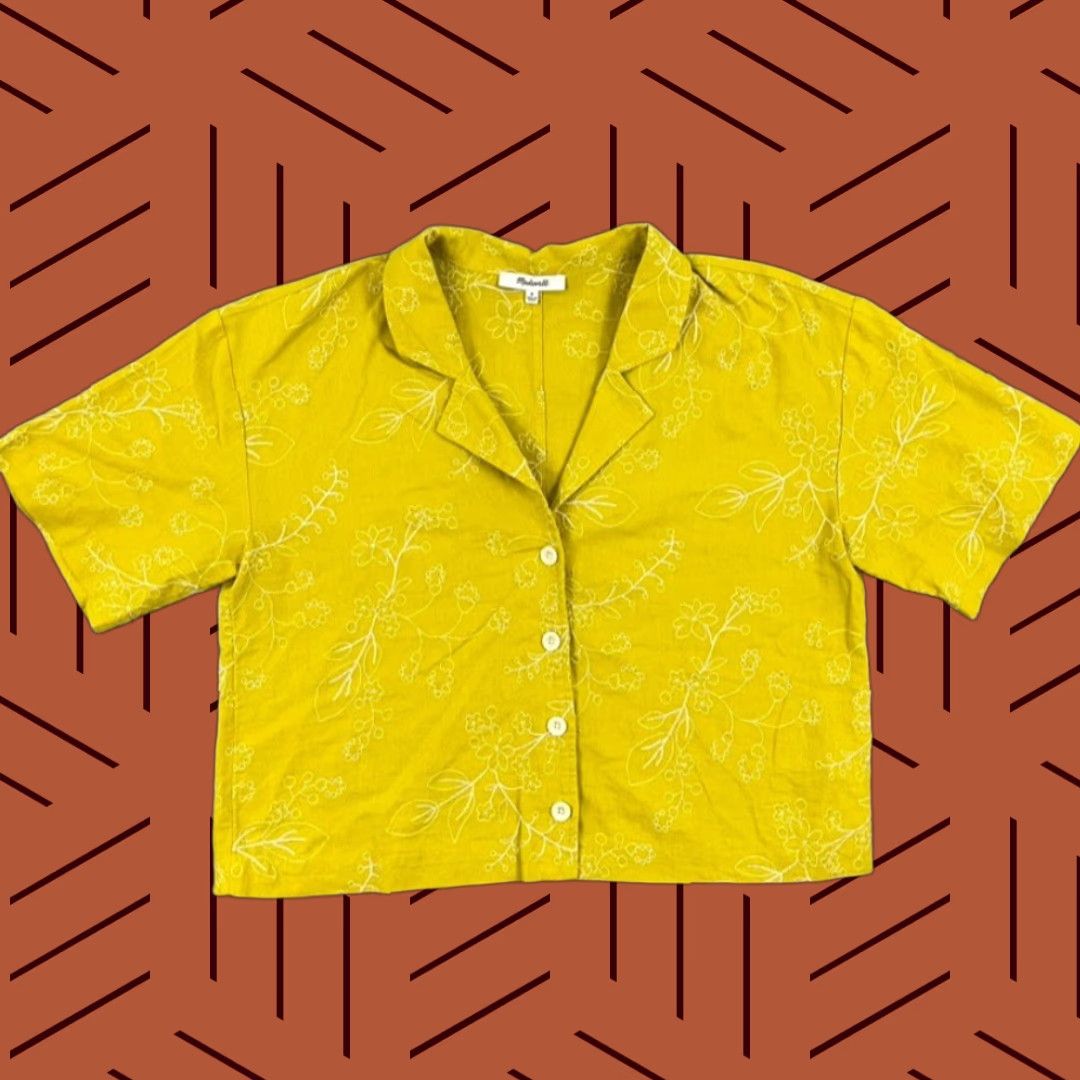 Madewell Madewell Button Up Shirt Women Medium Crop Yellow Floral Embroidered Linen Blend Shirt Size M / US 6-8 / IT 42-44 - 1 Thumbnail