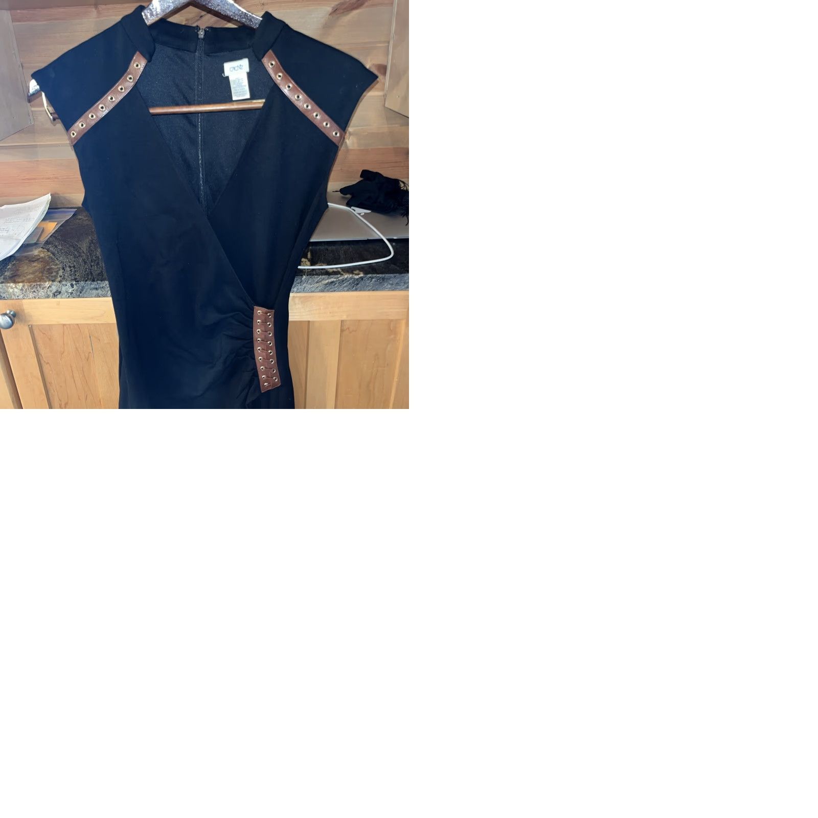 Vintage CACHE BLACK WRAP PONTE DRESS BROWN LACE UP LEATHER TRIM Sexy Steampunk Size 4 S Size S / US 4 / IT 40 - 10 Thumbnail