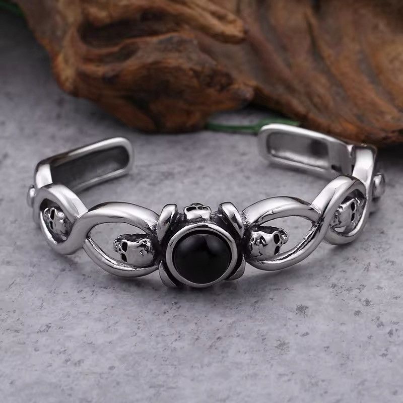 Vintage Stainless Steel Skull Bangle With Black Gemstone Size ONE SIZE - 1 Thumbnail
