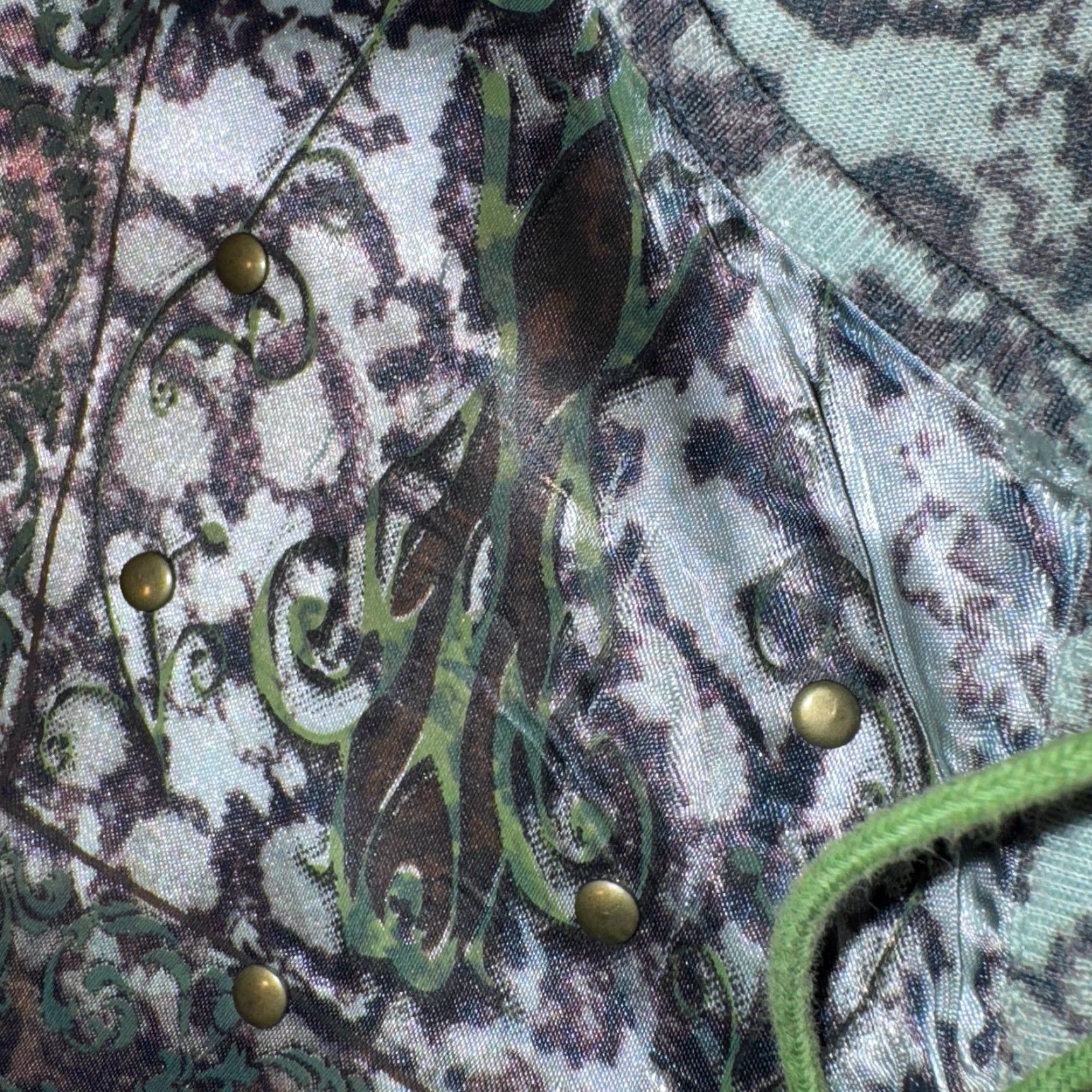 Vintage Energe T-Shirt Bohemian Green Leopard Print Satin Studded Top S Small Womens Casual Short Sleeve Regular Size S / US 4 / IT 40 - 3 Thumbnail