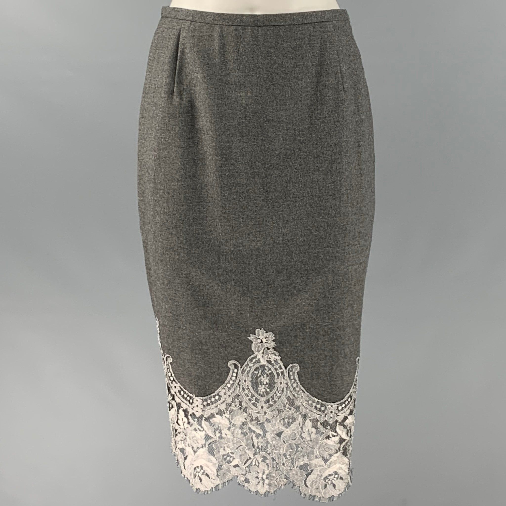 image of Escada Grey Silver Wool Cashmere Lace Pencil Midcalf Skirt, Women's (Size 28)