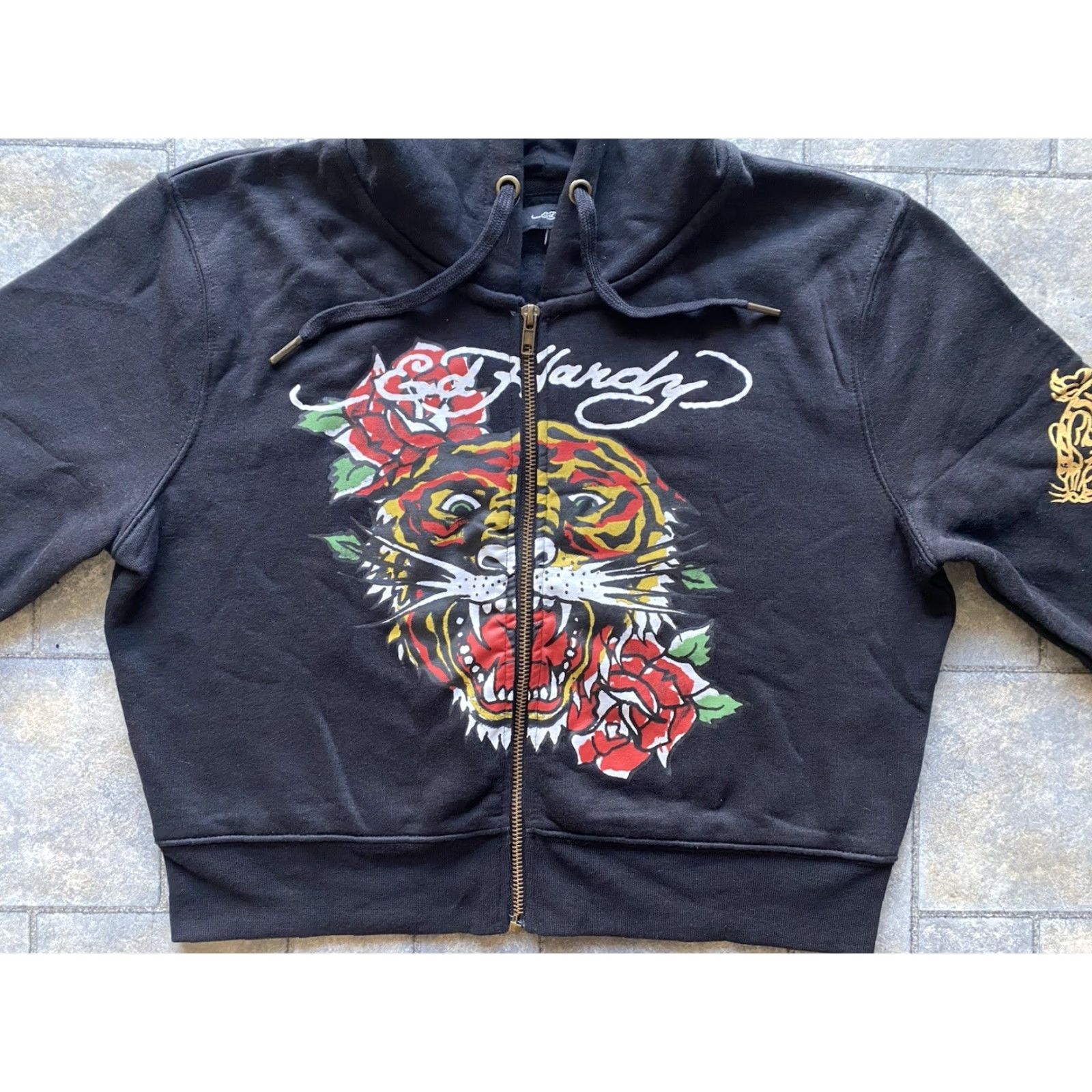 Ed Hardy Ed Hardy Hoodie Womens XL Tiger Y2K Black Cropped Zip Up Roses Tattoo Graphic Print Pockets Full Zip Size XL / US 12-14 / IT 48-50 - 3 Thumbnail