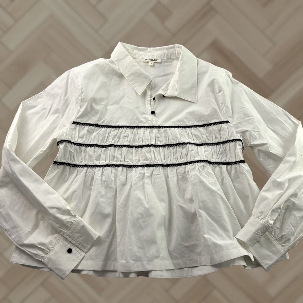 Vintage WishList Blouse Shirt Women's Small White Black Long Sleeve Button Front Top Womens XS (adjusted: but must keep original words only) Size S / US 4 / IT 40 - 1 Thumbnail