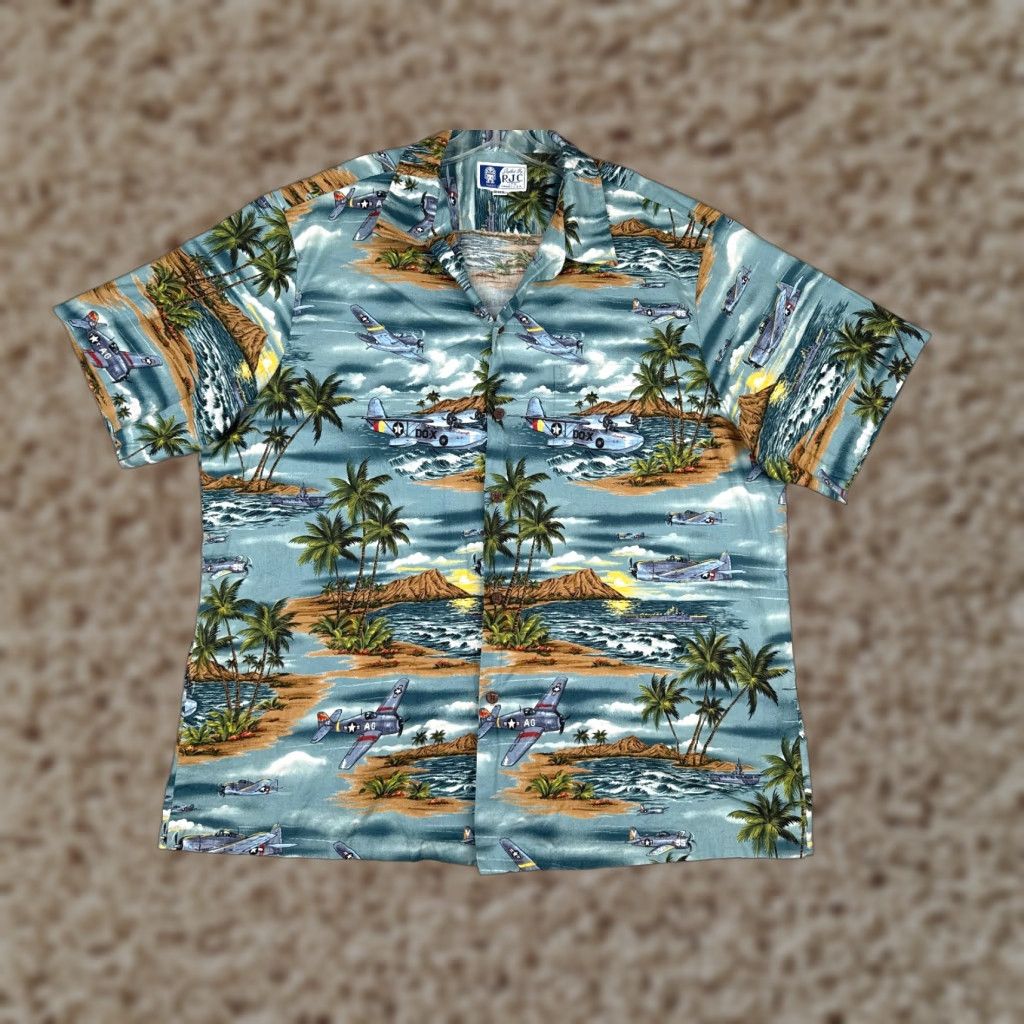 VINTAGE RJC Shirt Men 2XL Blue 100% Cotton Aviation Air Power WWII Hawaiian Floral Short Sleeve Button-Up Beach Theme Mens