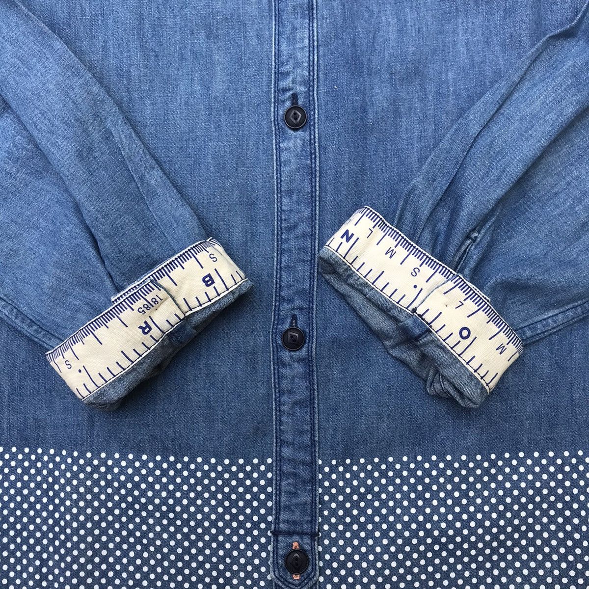 Designer × R.Newbold × Vintage R.NEWBOLD Born in Britain long sleeve denim blue polkadot Size US XL / EU 56 / 4 - 16 Thumbnail