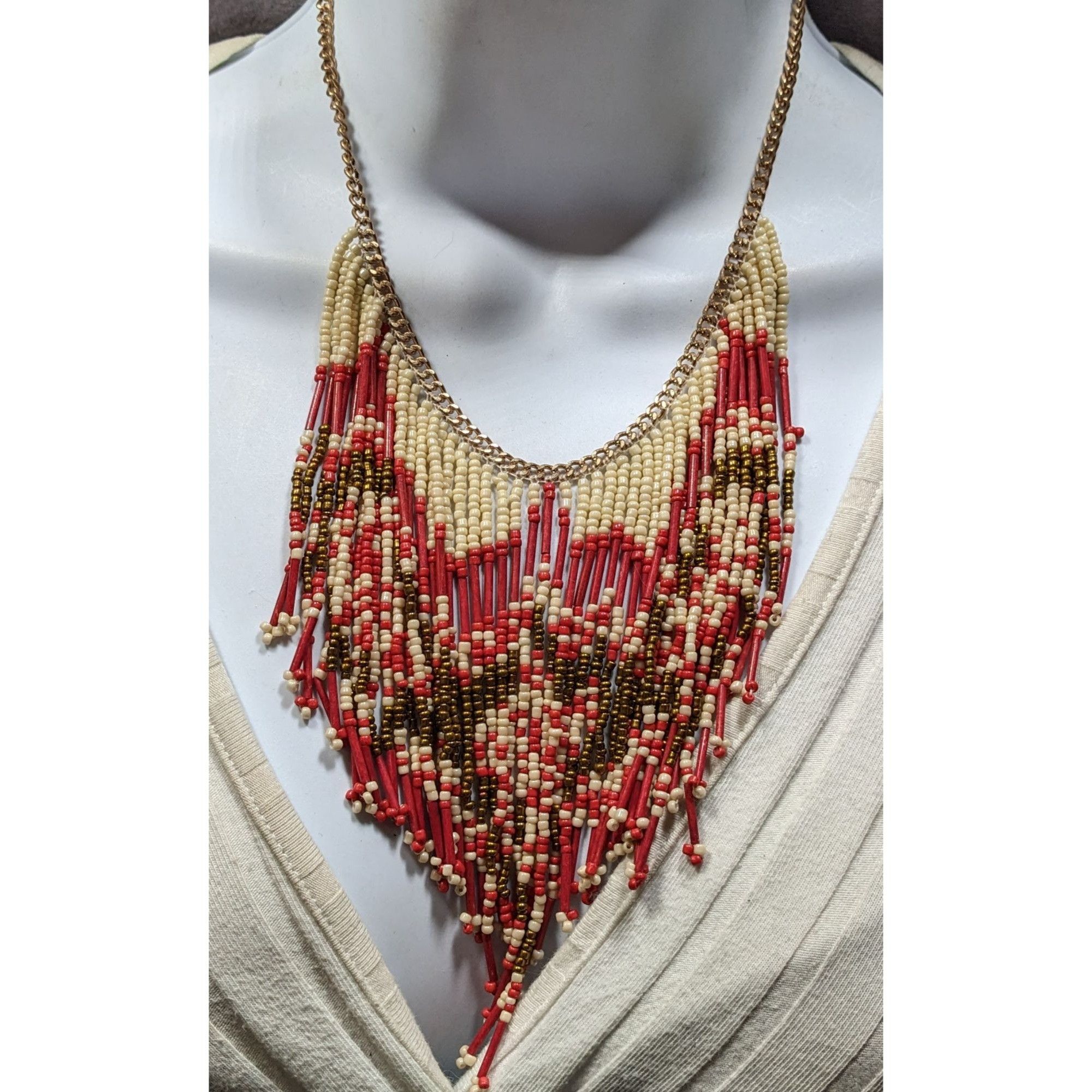 Other Bohemian Handmade Beaded Fringe Necklace In Red Cream & Gold Size ONE SIZE - 2 Thumbnail