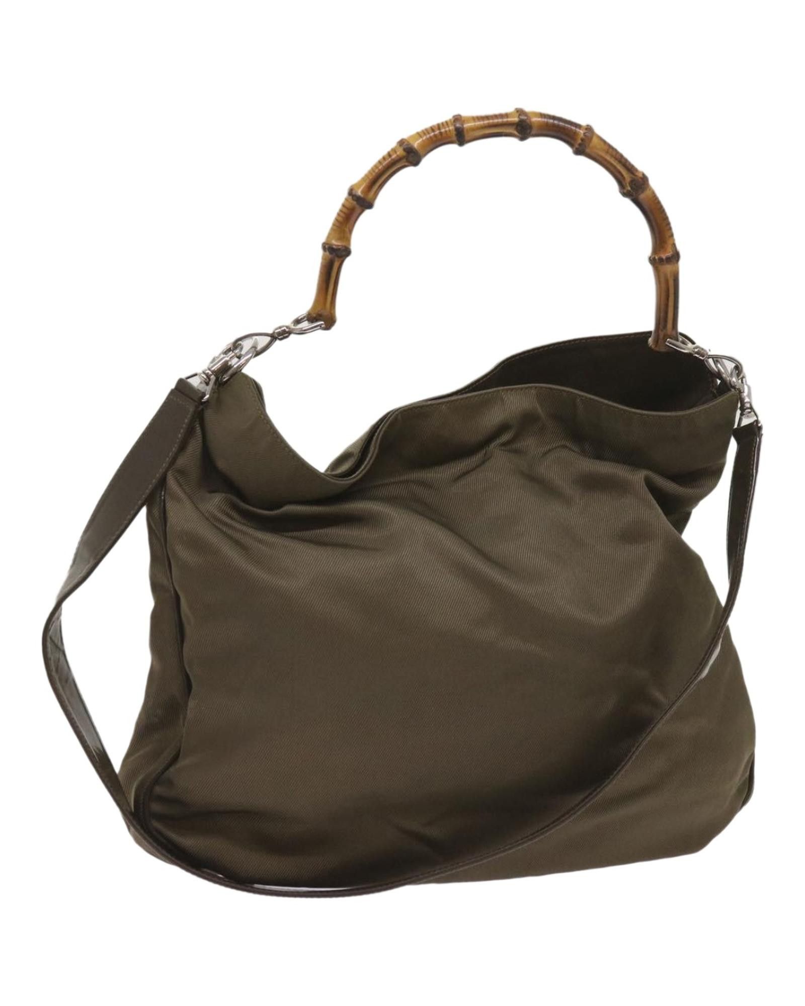 image of Gucci Elegant Khaki Nylon Shoulder Bag With Bamboo Detail By Famous Designer, Women's