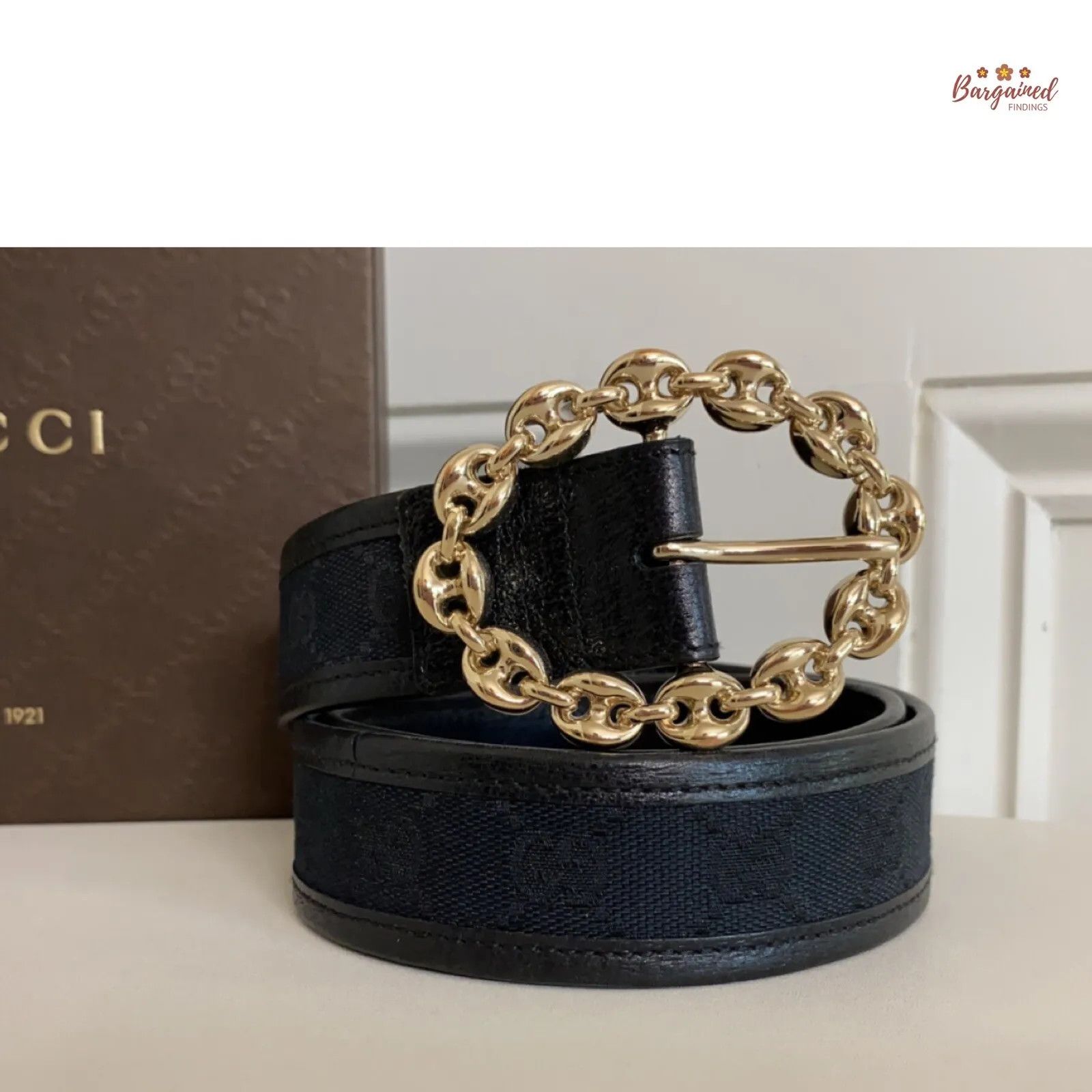 Gucci Gucci Black Monogram Canvas Leather Gold Chain Buckle Belt Size 30 - 1 Thumbnail