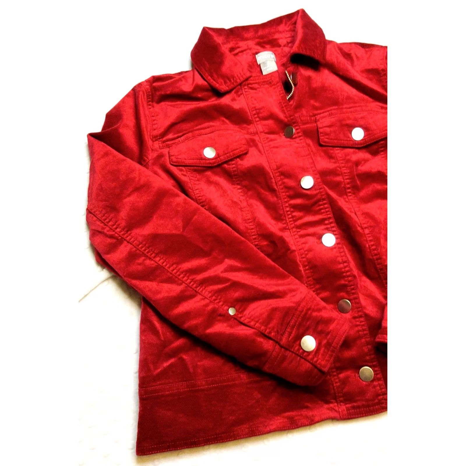 Vintage Chico's Red Velvet Denim Style Jacket Women's Regular 12/14 Short Lined Casual Party/Cocktail Fall Spring Summer Winter Velvet Denim Velvet Jacket Size XL / US 12-14 / IT 48-50 - 3 Thumbnail