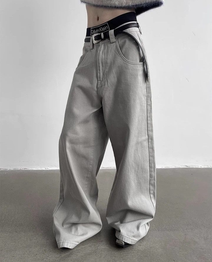 image of Casual Vintage Washed Wide Leg Jeans Pants in Grey, Men's (Size 32)