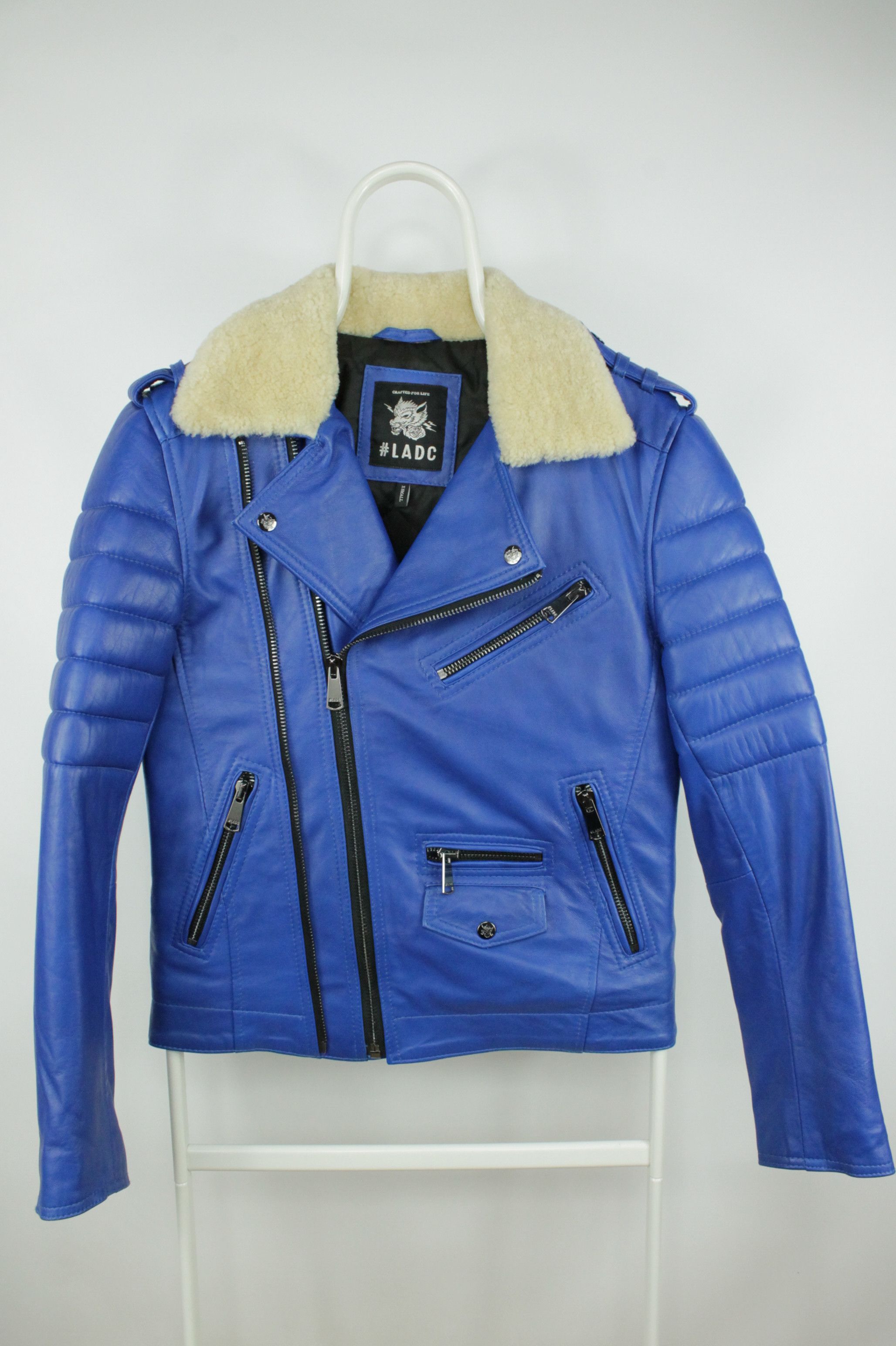 Genuine Leather LADC Paris Perfecto Blue Leather Jacket With Fur Collar Size US XS / EU 42 / 0 - 5 Thumbnail