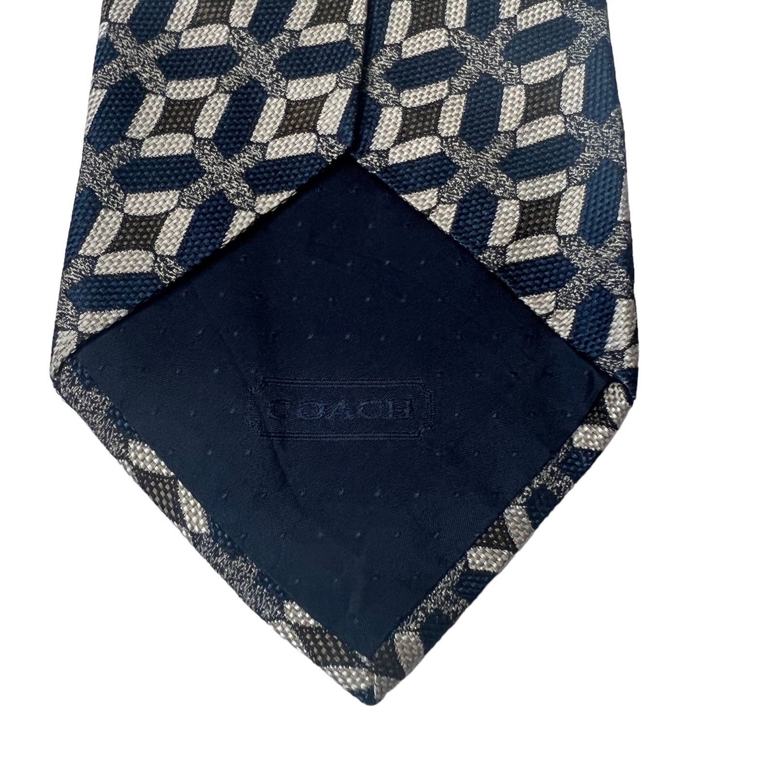 Coach Coach Navy Blue Green Tan Geometric Pattern 100% Silk Tie Size ONE SIZE - 3 Thumbnail