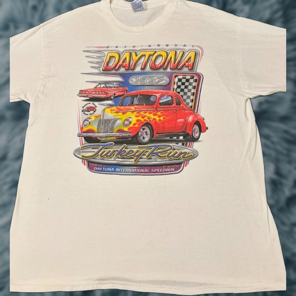 NASCAR VINTAGE Daytona Turkey Run 1997 Hot Rod Classic Car NASCAR Racing Shirt XL Mens White 90s Cars Vintage Size US XL / EU 56 / 4 - 1 Thumbnail