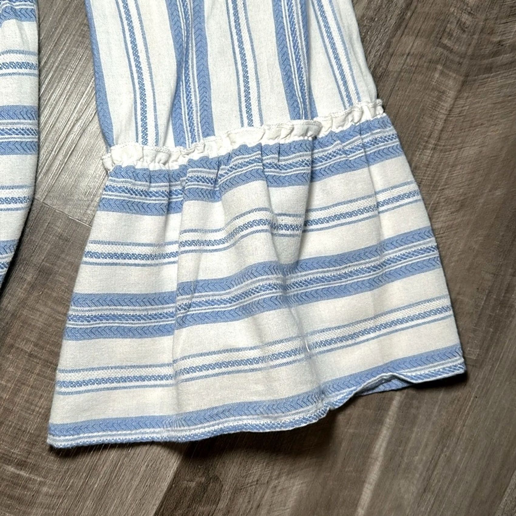 Vintage ENTRO Striped Tiered Flared Long Sleeve V-Cut Dress - Large Blue Women Knee Length Rayon Blend Dress Size L / US 10 / IT 46 - 3 Thumbnail