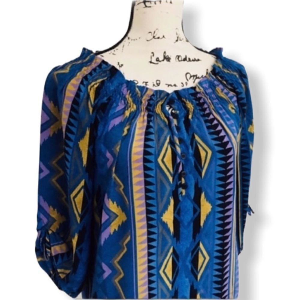 Other Yumi Kim 100% Silk Geometric Peasant Blouse Blue Mustard Pri Size S / US 4 / IT 40 - 3 Thumbnail