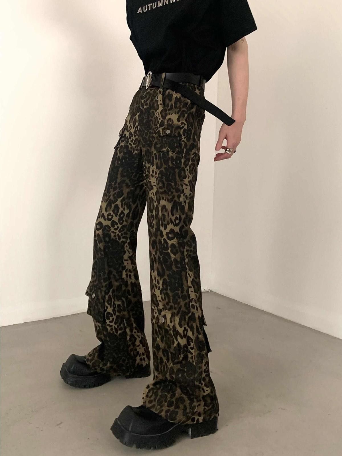 Leopard Print Cargo Pants, Flared Pants