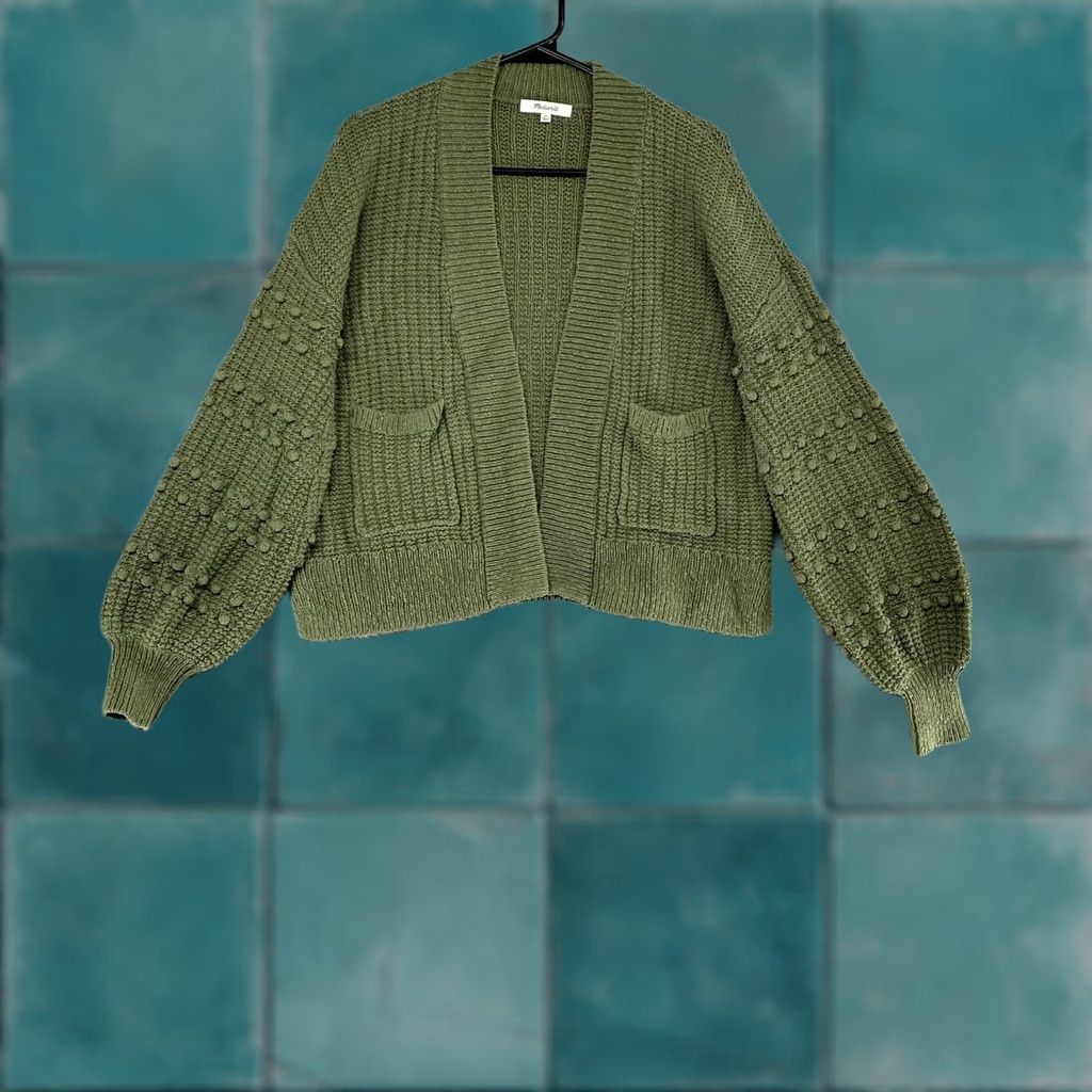 Madewell Madewell Cardigan Sweater Womens XS Balloon Sleeve Knit 100% Cotton Green V-Neck Pocket Open Casual Fall Vintage: No Size XS / US 0-2 / IT 36-38 - 1 Thumbnail
