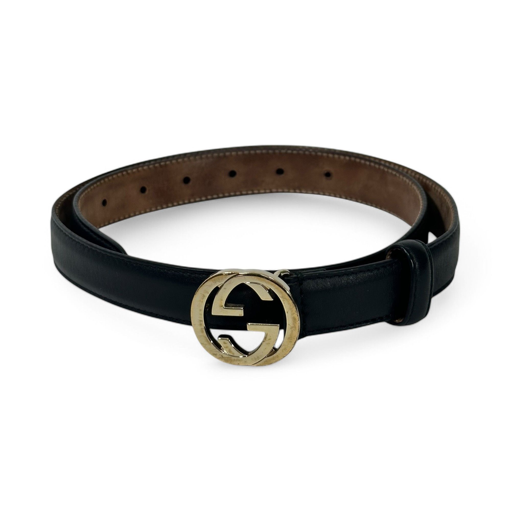 Gucci Gucci Thin Belt Black Leather Interlocking G Buckle Size ONE SIZE - 1 Thumbnail