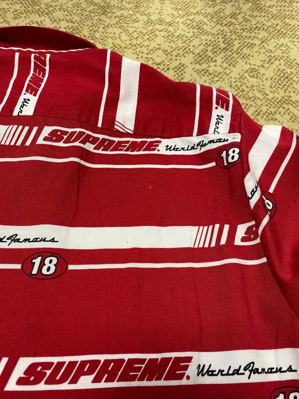 👕 Supreme “World Famous” Button-Up – Racing Stripe Print