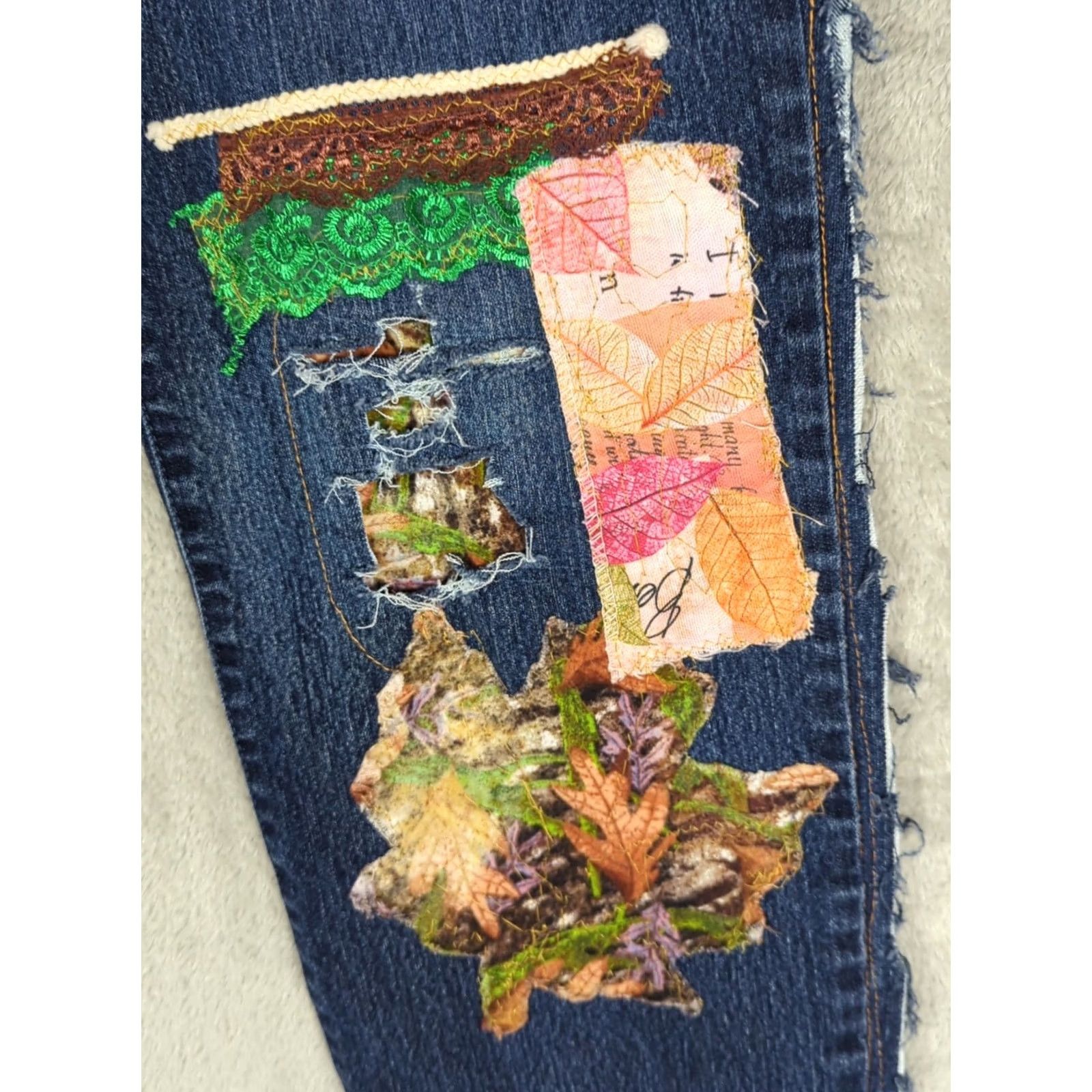 Vintage Artsy Jeans Patchwork Pockets Pearl Woodstock Boho Size 14P Size 36" / US 14 / IT 50 - 4 Thumbnail