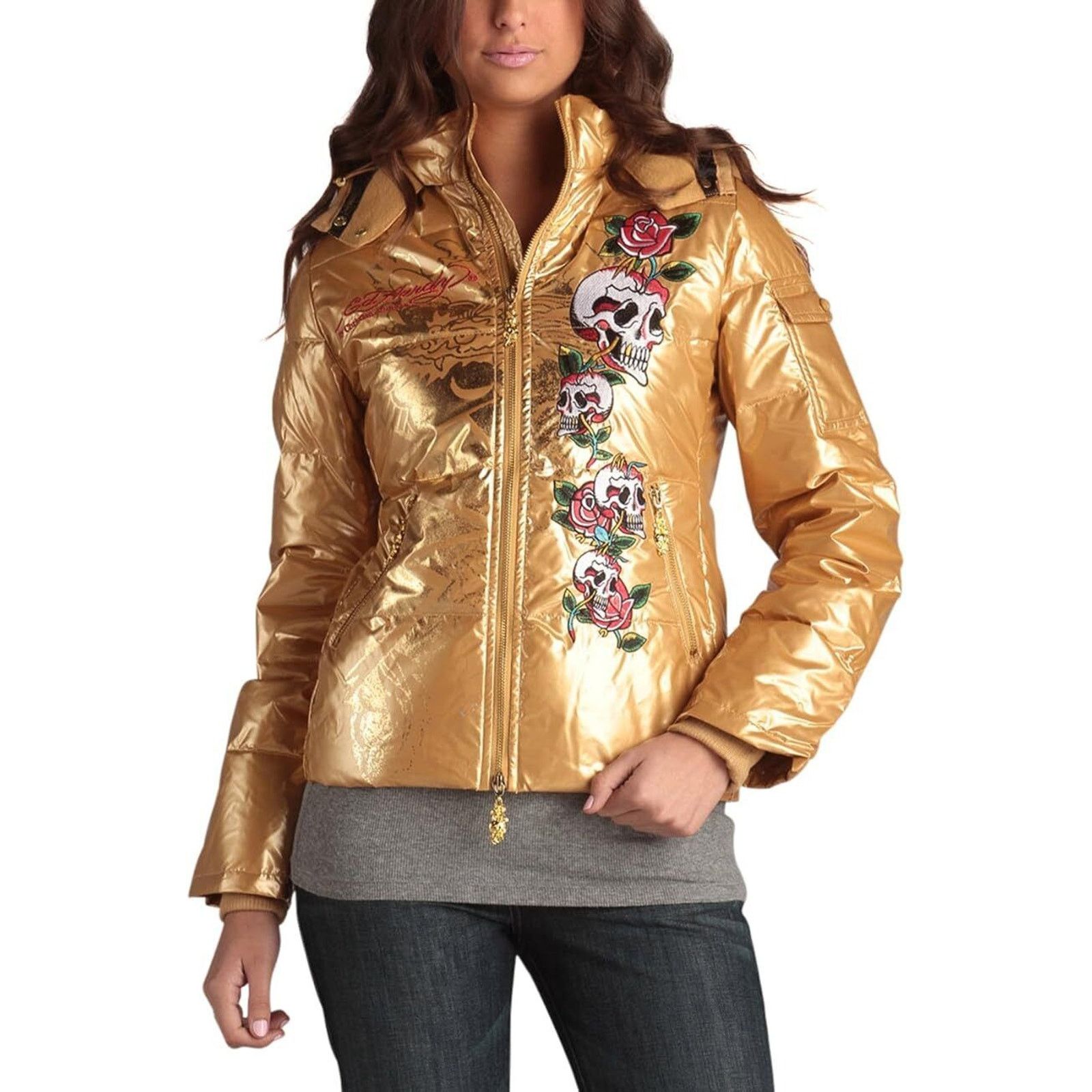 Ed Hardy Ed Hardy by Christian Audigier Women's Gold Puffer Jacket Size M / US 6-8 / IT 42-44 - 3 Thumbnail