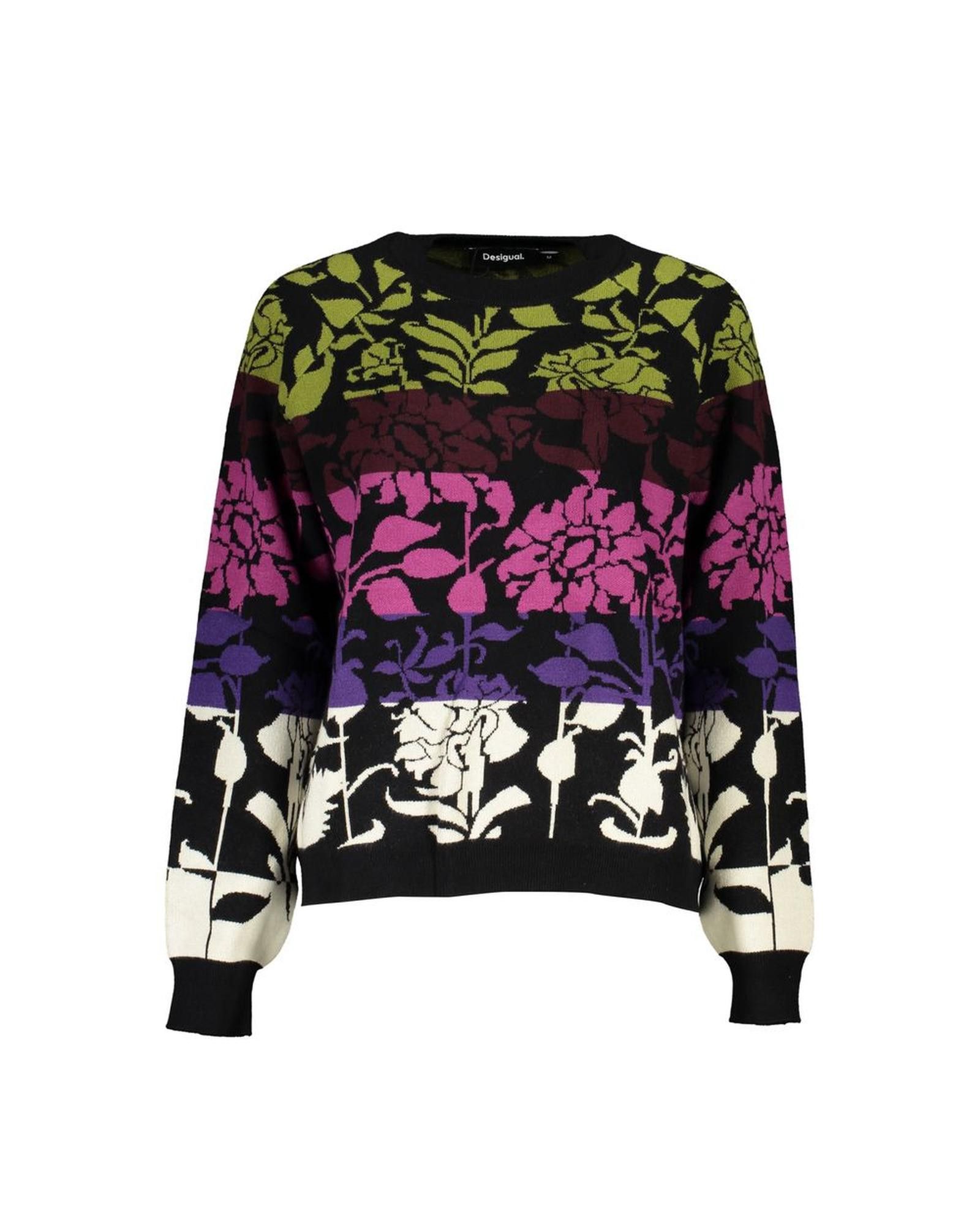 image of Desigual Long Sleeve Crew Neck Sweater With Contrast Details And Logo in Black, Women's (Size Small