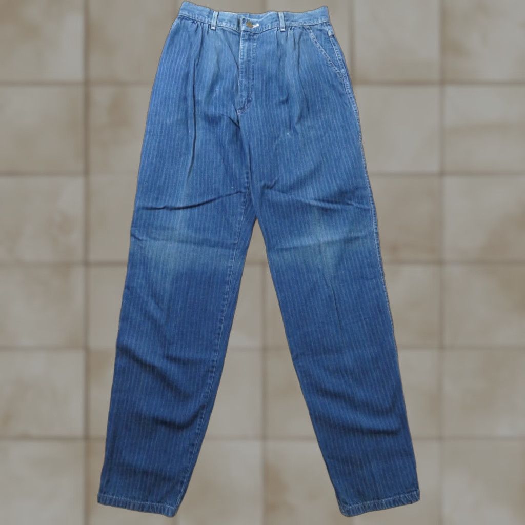 Lee VINTAGE Lee Riders Jeans Denim Ladies 13W 29X32 High Waist Pin Striped 1980s Disco Blue Mens Womens Girls? Size 29" - 1 Thumbnail