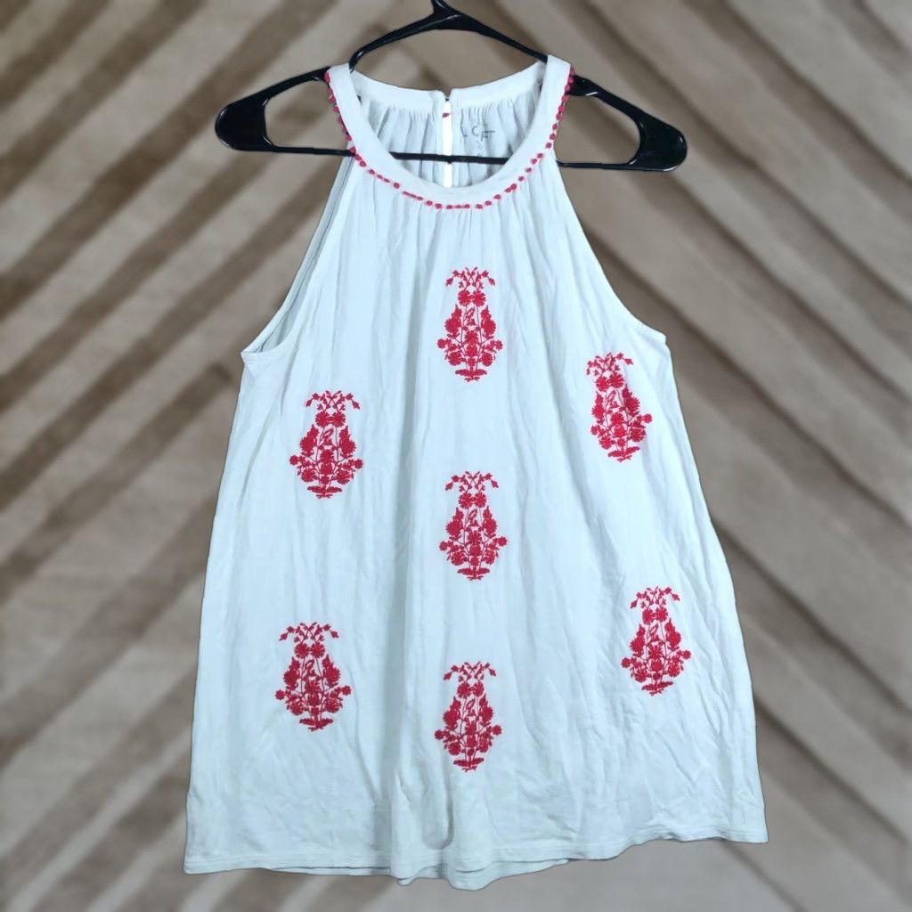 Ann Taylor VINTAGE Ann Taylor LOFT Womens Blouse White Red Embroidered Sleeveless Tank Medium Size M / US 6-8 / IT 42-44 - 1 Thumbnail