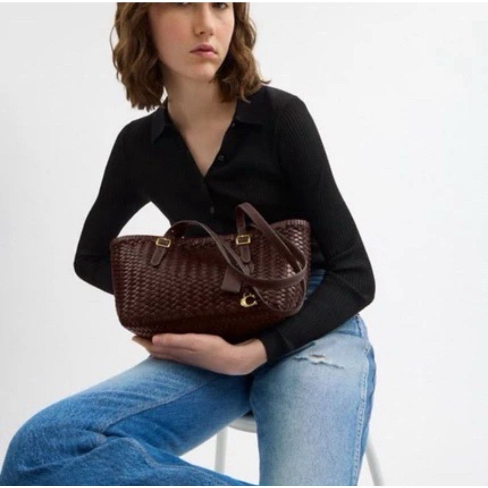 Coach NWT Coach Woven Leather Swing Tote Carryall Bag CBF83 Maple Size ONE SIZE - 12 Thumbnail