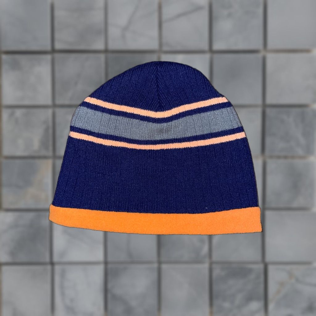 Vintage VINTAGE Y2k 90s Style Beanie Navy Blue And Orange Mens S Orange Navy Beanie 90s Mens Size ONE SIZE - 1 Thumbnail