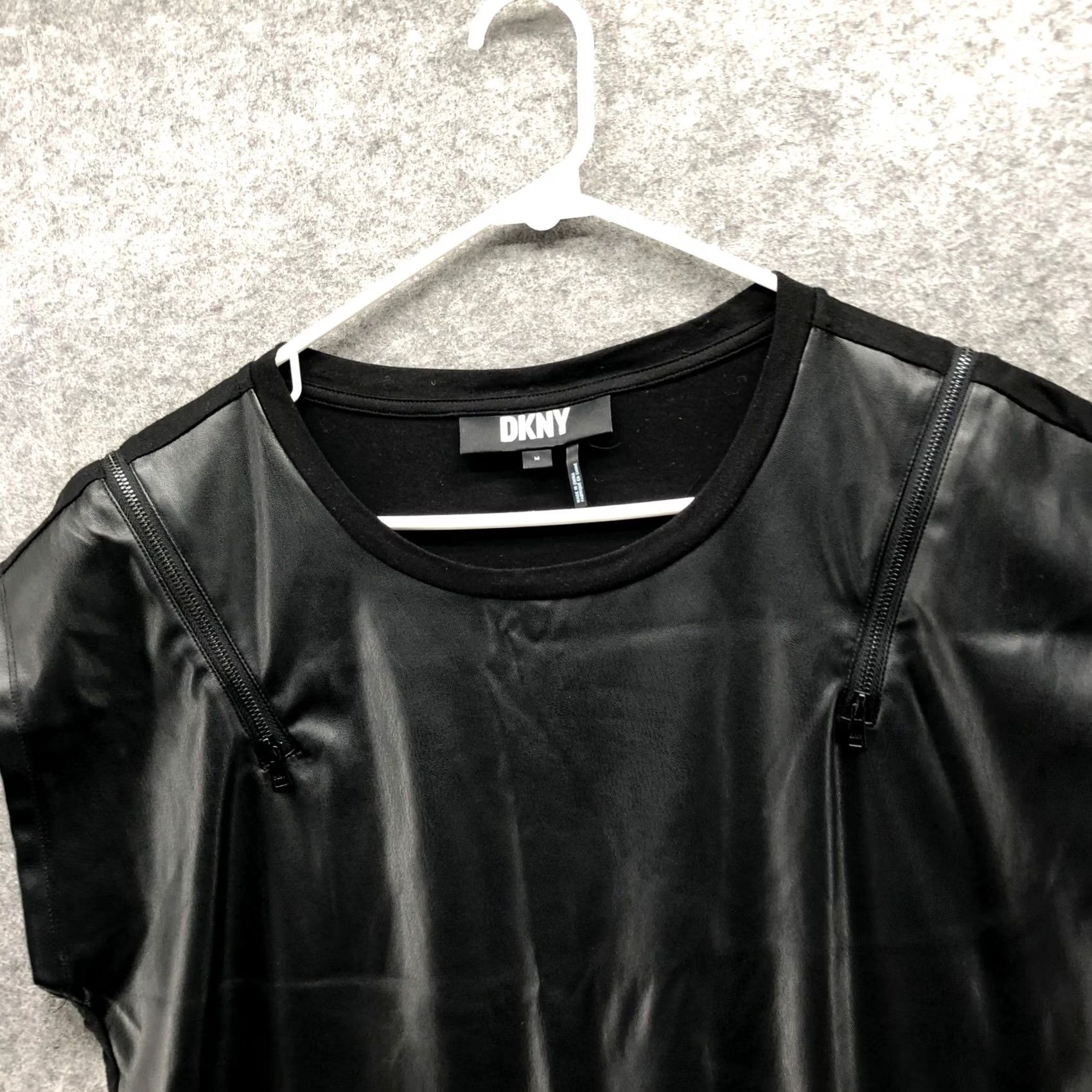 DKNY DKNY Faux Leather Front Zip Accent Top Womens M Black Mixed Media Dolman Shirt Size M / US 6-8 / IT 42-44 - 3 Thumbnail