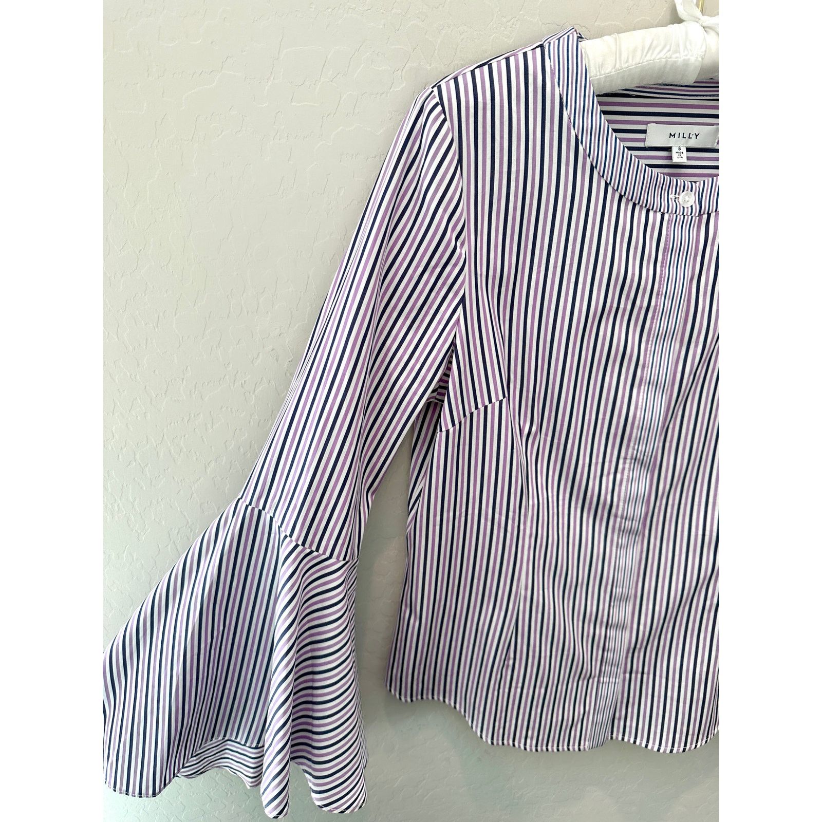 MILLY MILLY Purple Stripe Belle Sleeve Cotton Professional Blouse Size M / US 6-8 / IT 42-44 - 3 Thumbnail