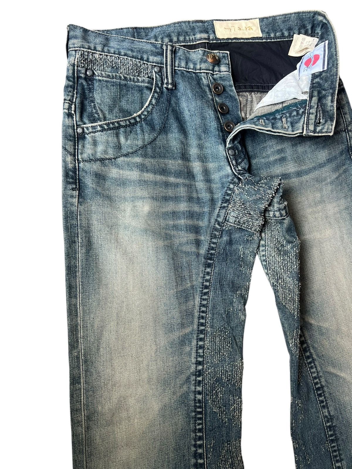 Handmade Mizra Hand Made in Japan Distressed Boro Denim Bootcut Jeans Size US 30 / EU 46 - 8 Thumbnail