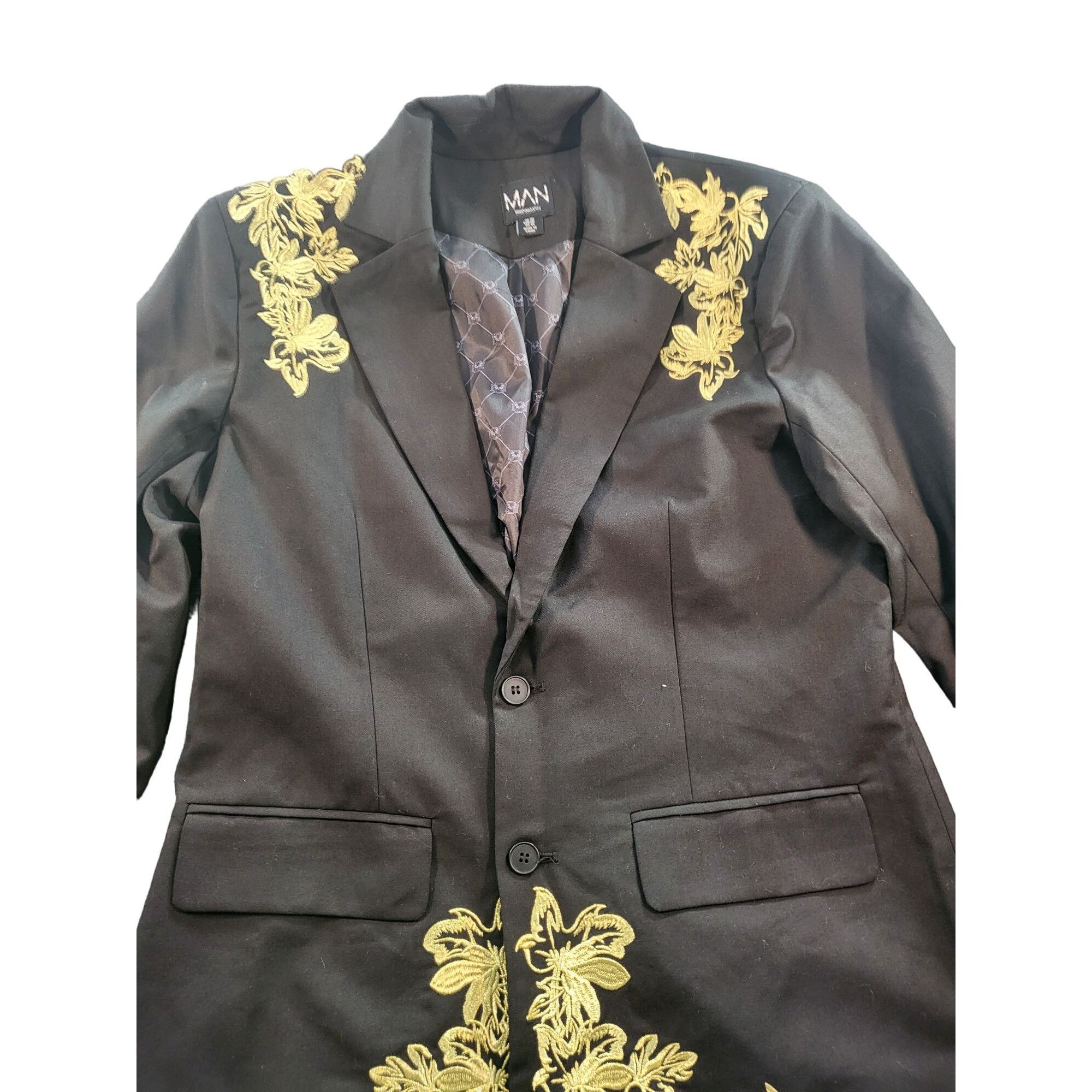 Boohoo Boohoo Man Blazer Men Sz 40 R Black Gold Embroidered 2 Butto Size 40R - 2 Thumbnail